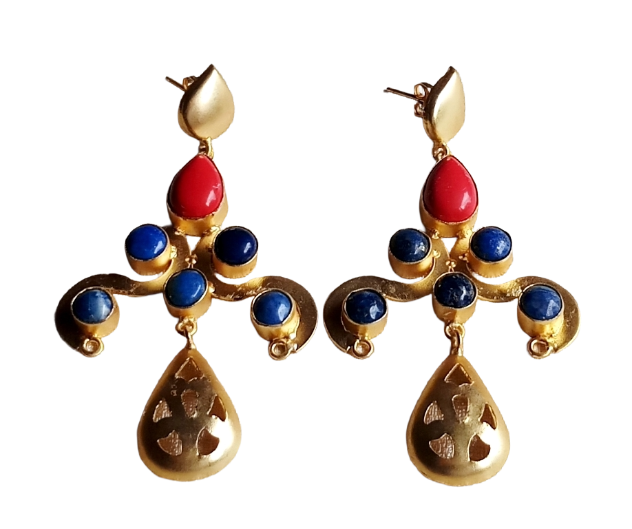 Gorgeous Gold plated Coral-Lapis stone Charming Designer Dangle Drop Earrings