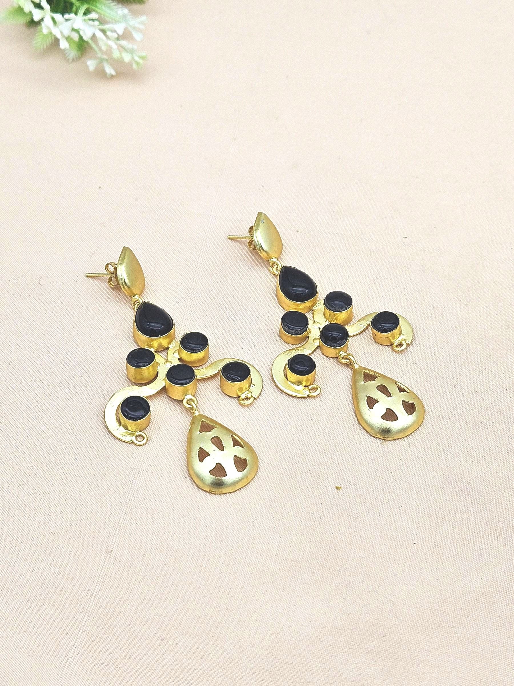 Gorgeous Gold plated Black Onyx stone Charming Designer Dangle Drop Earrings