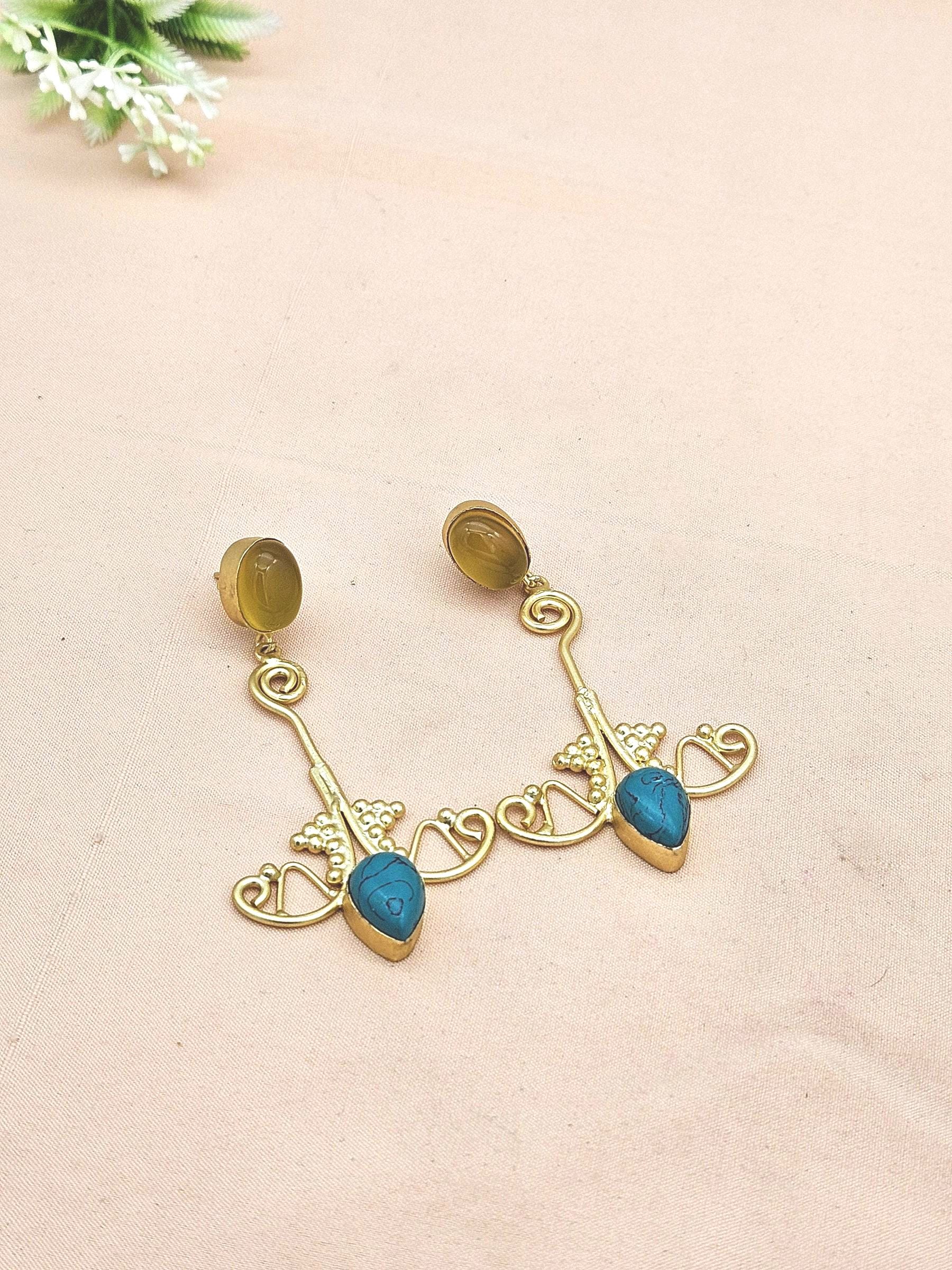 Awesome Gold plated Yellow Chalcedony-Synthetic Turquoise Stone Charming Floral Designer Dangle Drop Earrings