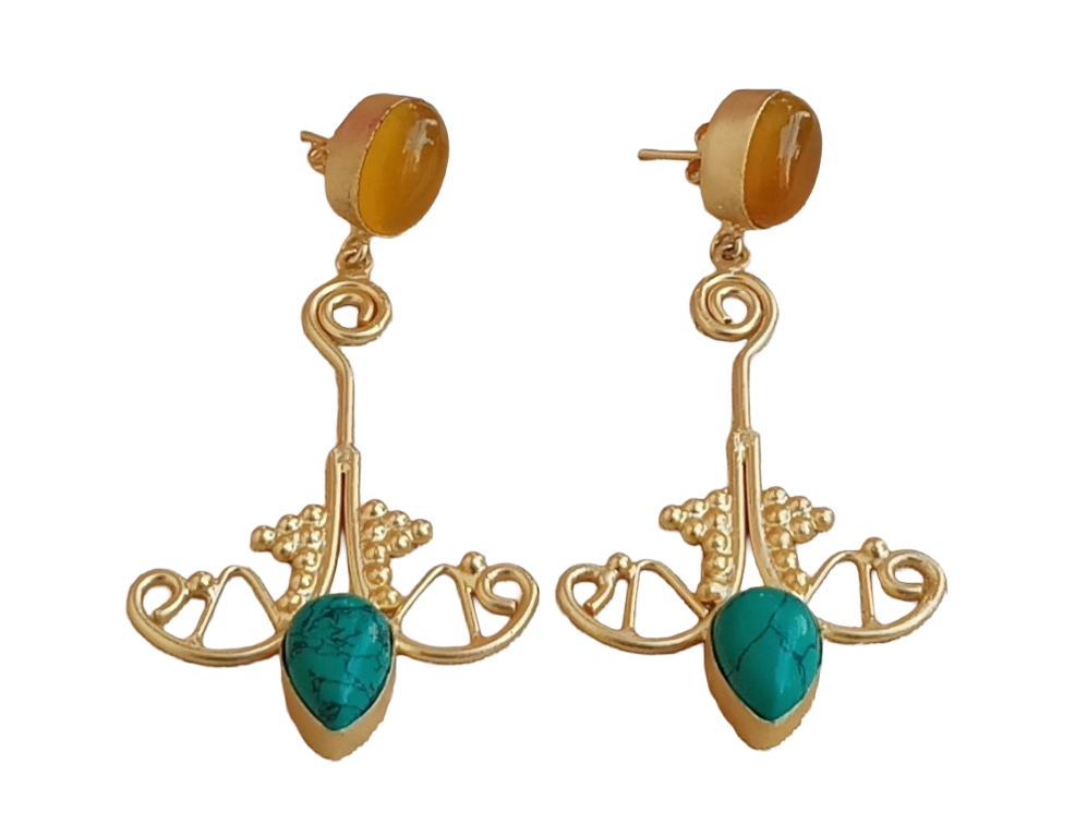 Awesome Gold plated Yellow Chalcedony-Synthetic Turquoise Stone Charming Floral Designer Dangle Drop Earrings