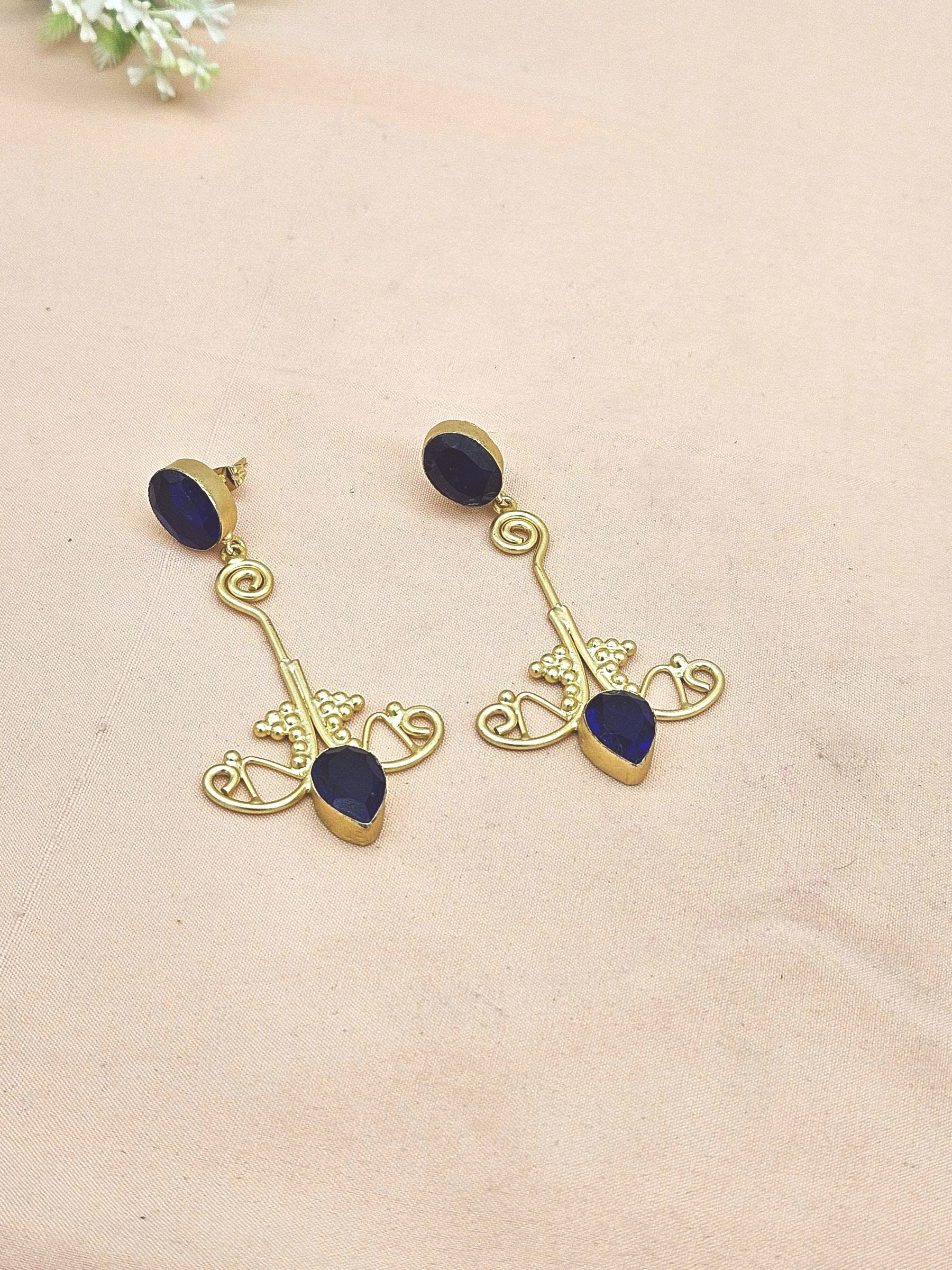 Awesome Gold plated Blue Glass stone Charming Floral Designer Dangle Drop Earrings