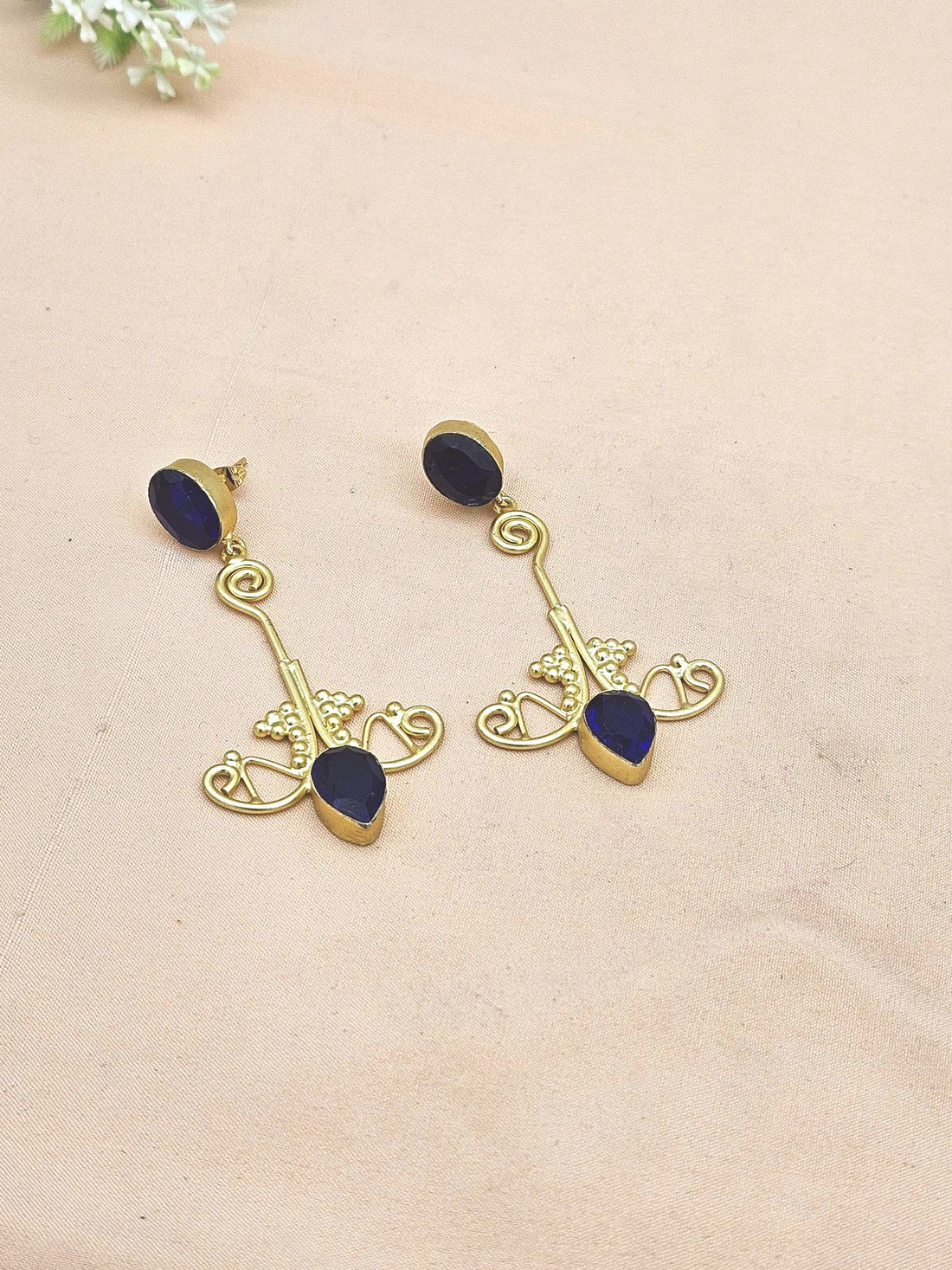 Awesome Gold plated Blue Glass stone Charming Floral Designer Dangle Drop Earrings
