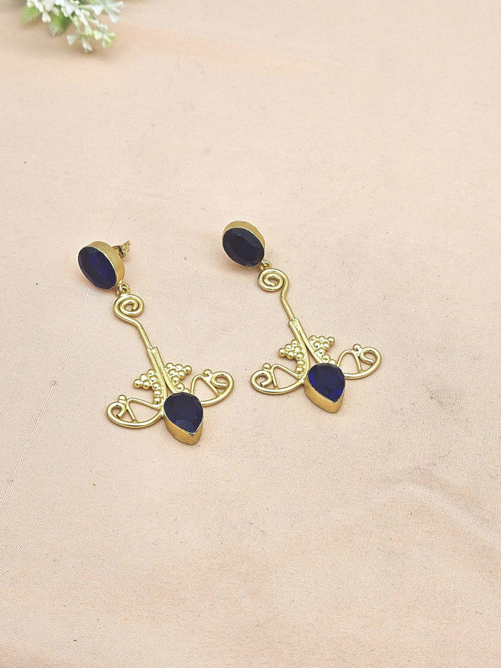 Awesome Gold plated Blue Glass stone Charming Floral Designer Dangle Drop Earrings