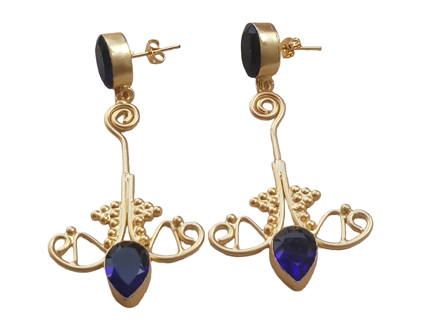 Awesome Gold plated Blue Glass stone Charming Floral Designer Dangle Drop Earrings