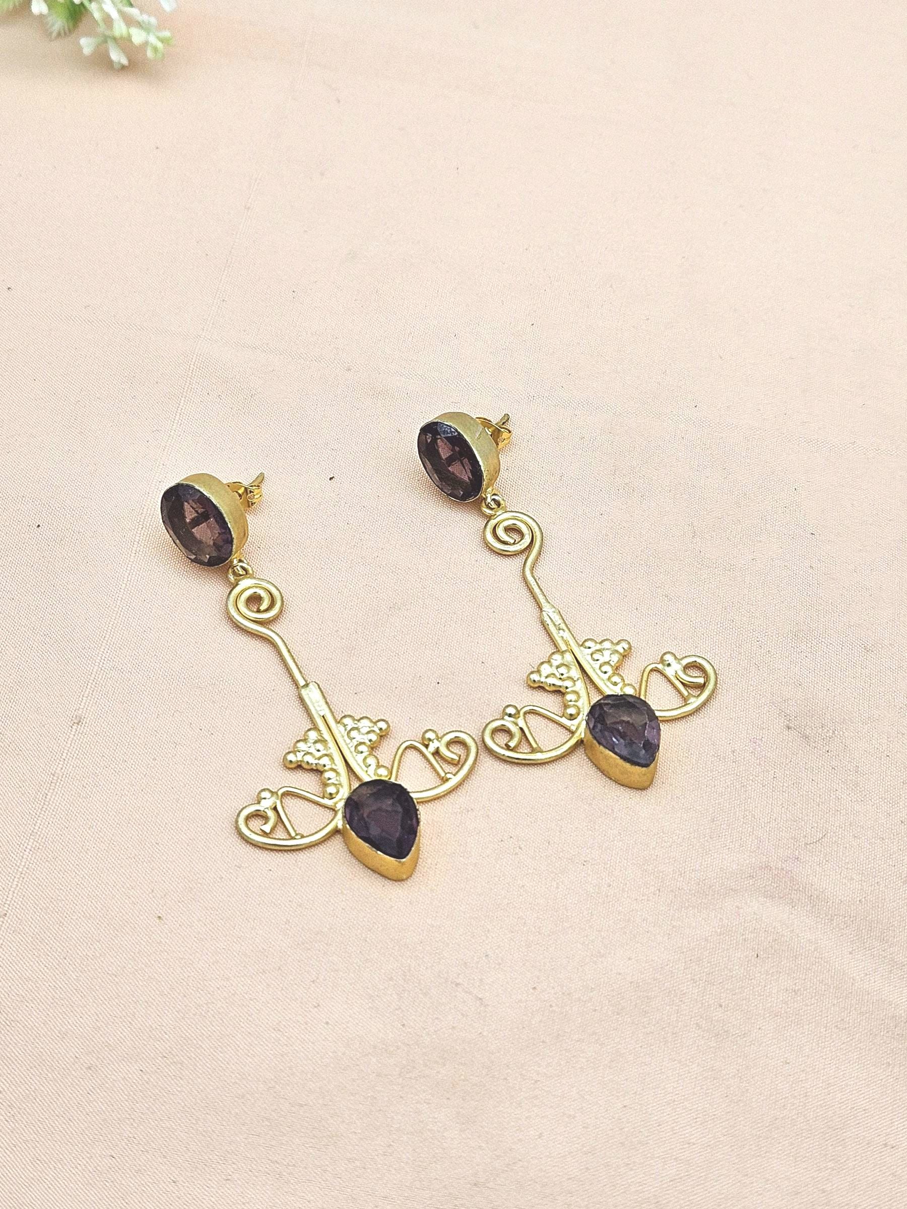 Awesome Gold plated Purple Glass stone Charming Floral Designer Dangle Drop Earrings