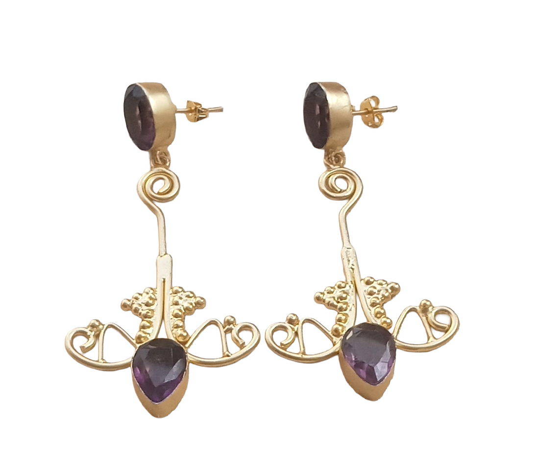 Awesome Gold plated Purple Glass stone Charming Floral Designer Dangle Drop Earrings