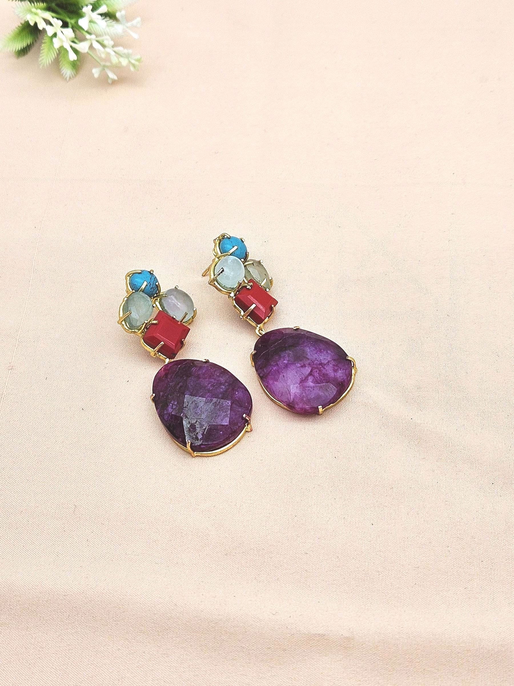 Amazing Handcrafted  Golden TURQUOISE-AQUA-CORAL-ROPARA Gem Stone Charming Designer Dangle Drop Earrings