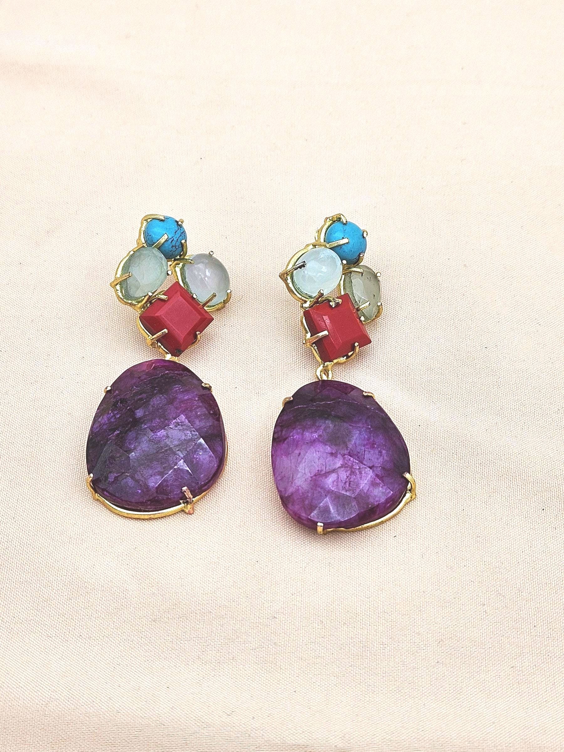 Amazing Handcrafted  Golden TURQUOISE-AQUA-CORAL-ROPARA Gem Stone Charming Designer Dangle Drop Earrings