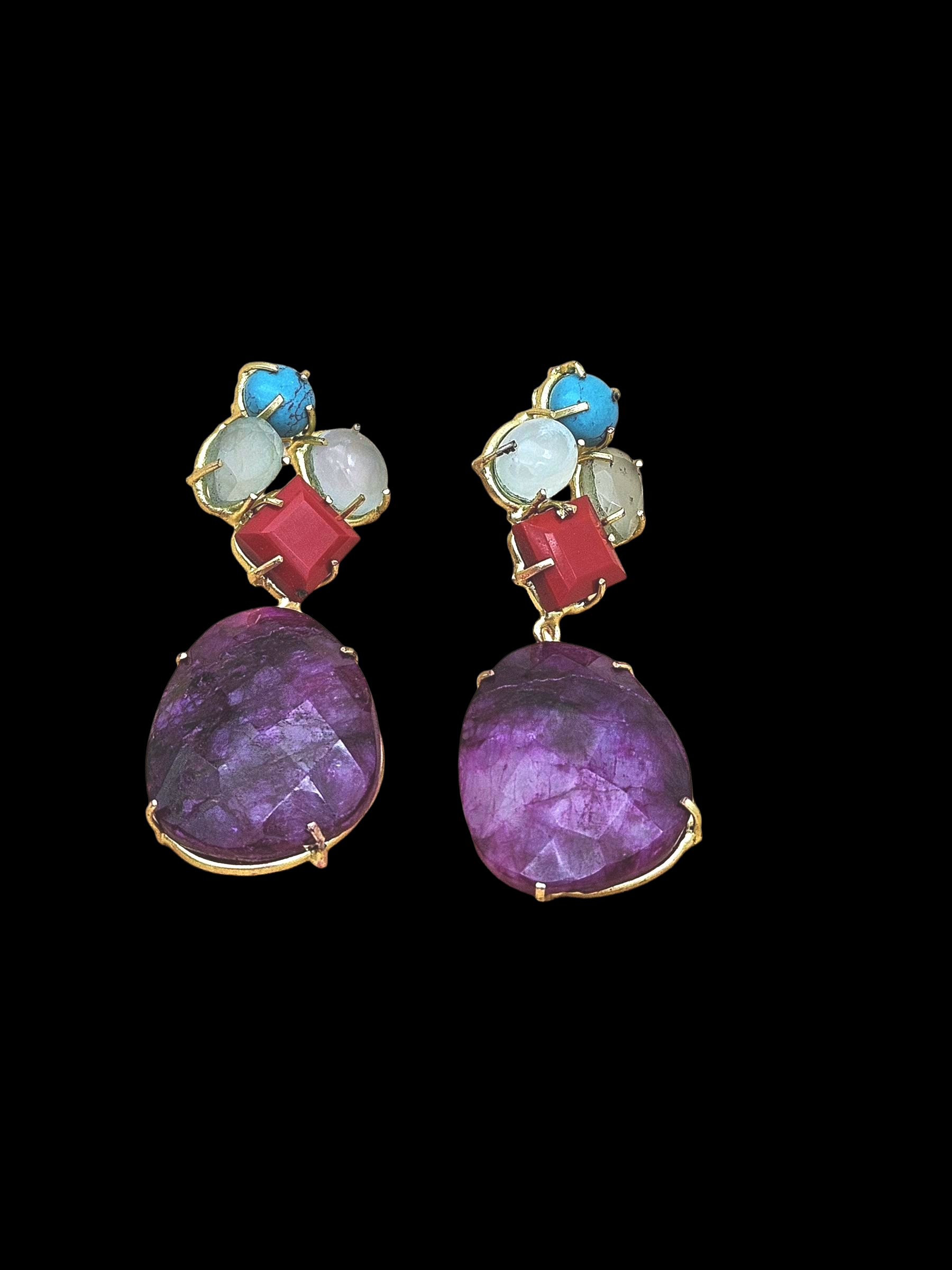 Amazing Handcrafted  Golden TURQUOISE-AQUA-CORAL-ROPARA Gem Stone Charming Designer Dangle Drop Earrings