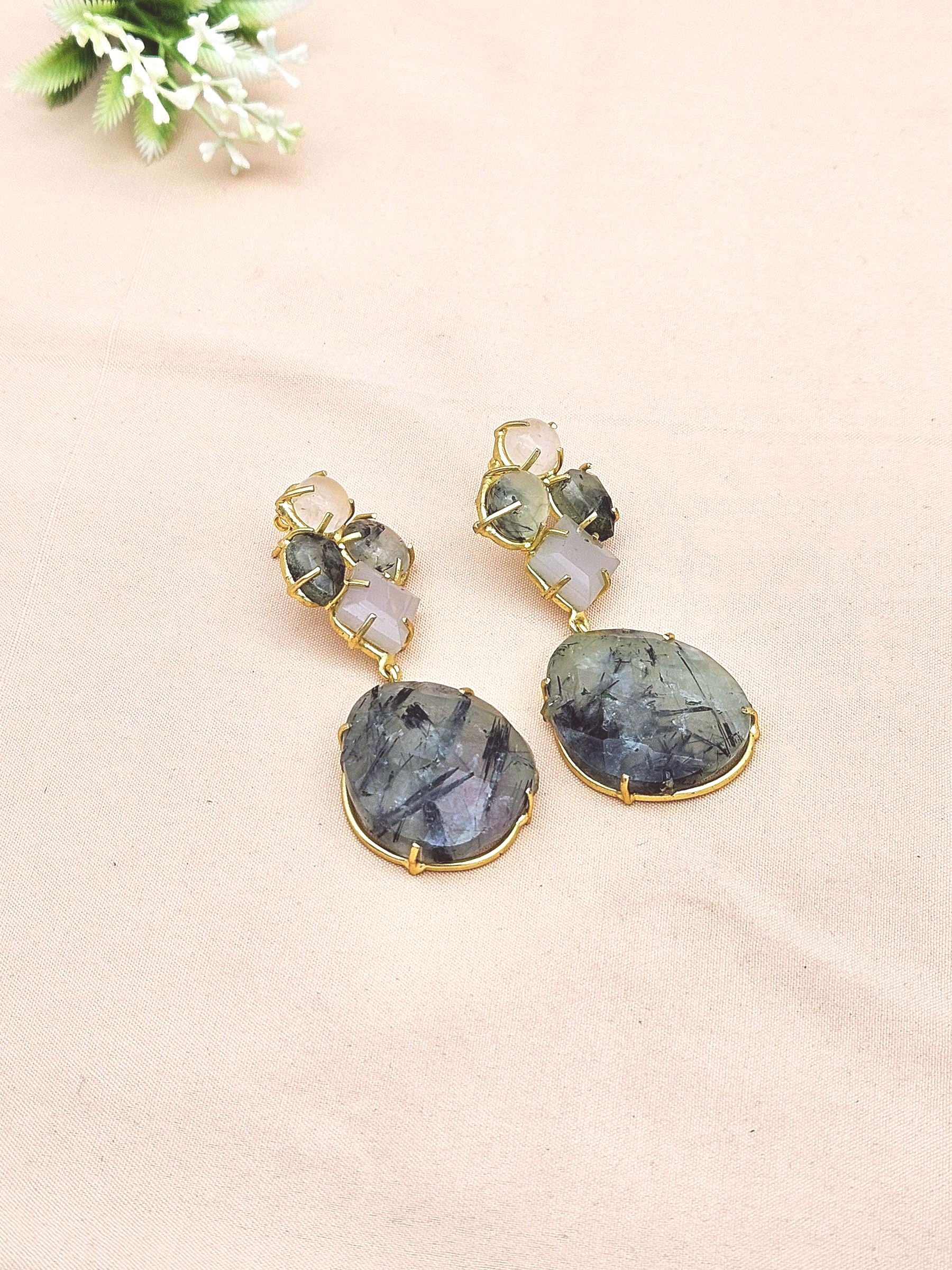 Amazing Handcrafted  Golden Rose Quartz-Prehnite Gem Stone Charming Designer Dangle Drop Earrings