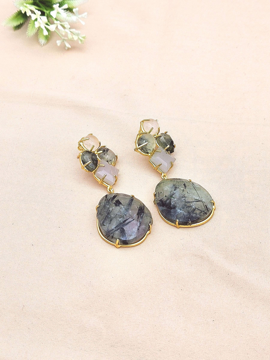 Amazing Handcrafted  Golden Rose Quartz-Prehnite Gem Stone Charming Designer Dangle Drop Earrings