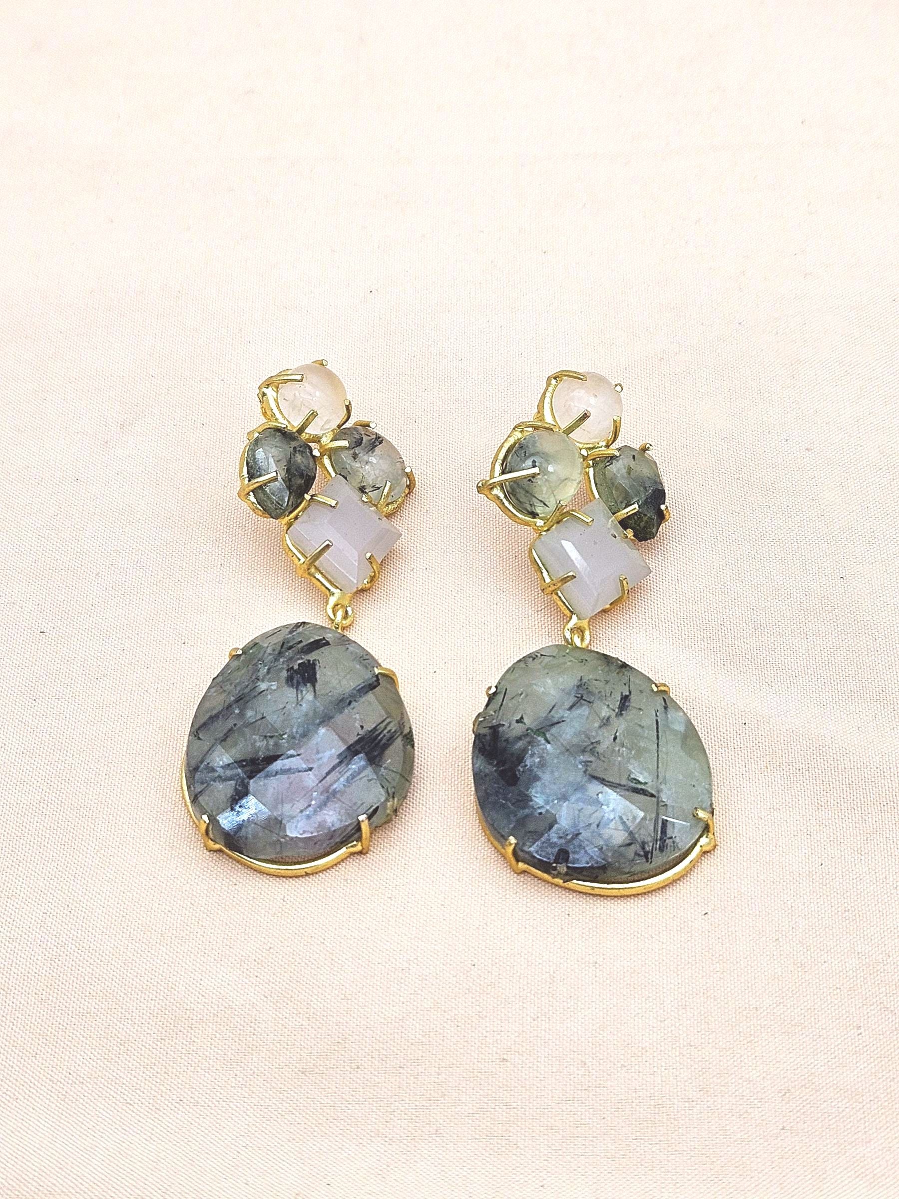 Amazing Handcrafted  Golden Rose Quartz-Prehnite Gem Stone Charming Designer Dangle Drop Earrings
