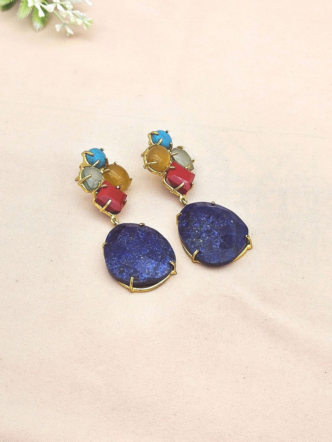 Amazing Handcrafted  Golden Lapis Turquoise Chalcedony Aqua Coral Gem Stone Charming Designer Dangle Drop Earrings