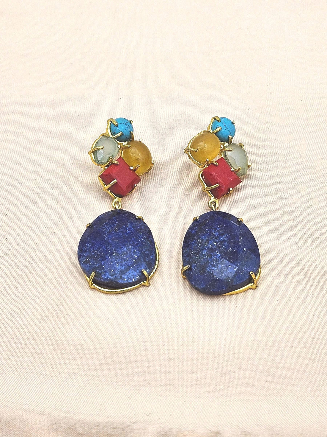 Amazing Handcrafted  Golden Lapis Turquoise Chalcedony Aqua Coral Gem Stone Charming Designer Dangle Drop Earrings