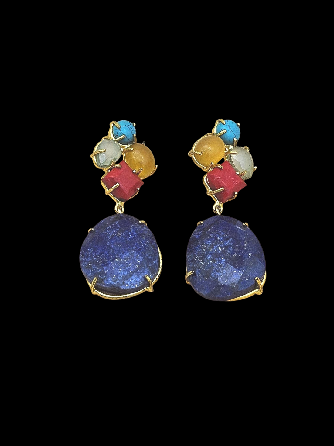 Amazing Handcrafted  Golden Lapis Turquoise Chalcedony Aqua Coral Gem Stone Charming Designer Dangle Drop Earrings