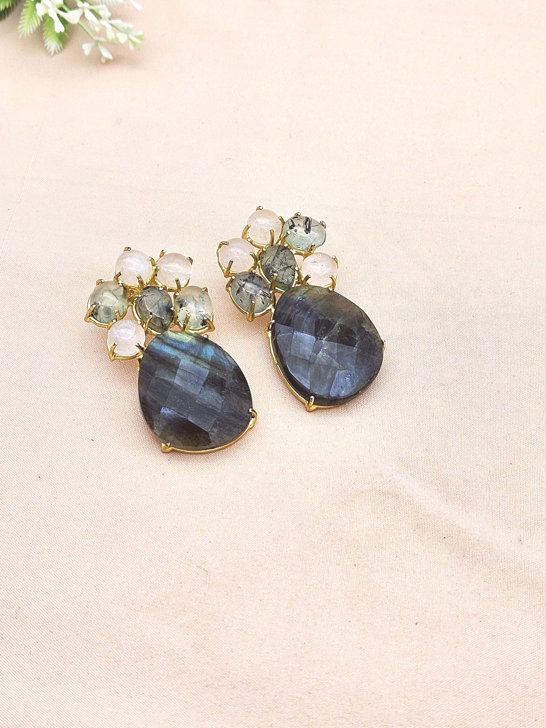 Amazing Handcrafted  Golden Labradorite Prehnite Rose Qtz Gem Stone Charming Designer Dangle Drop Earrings