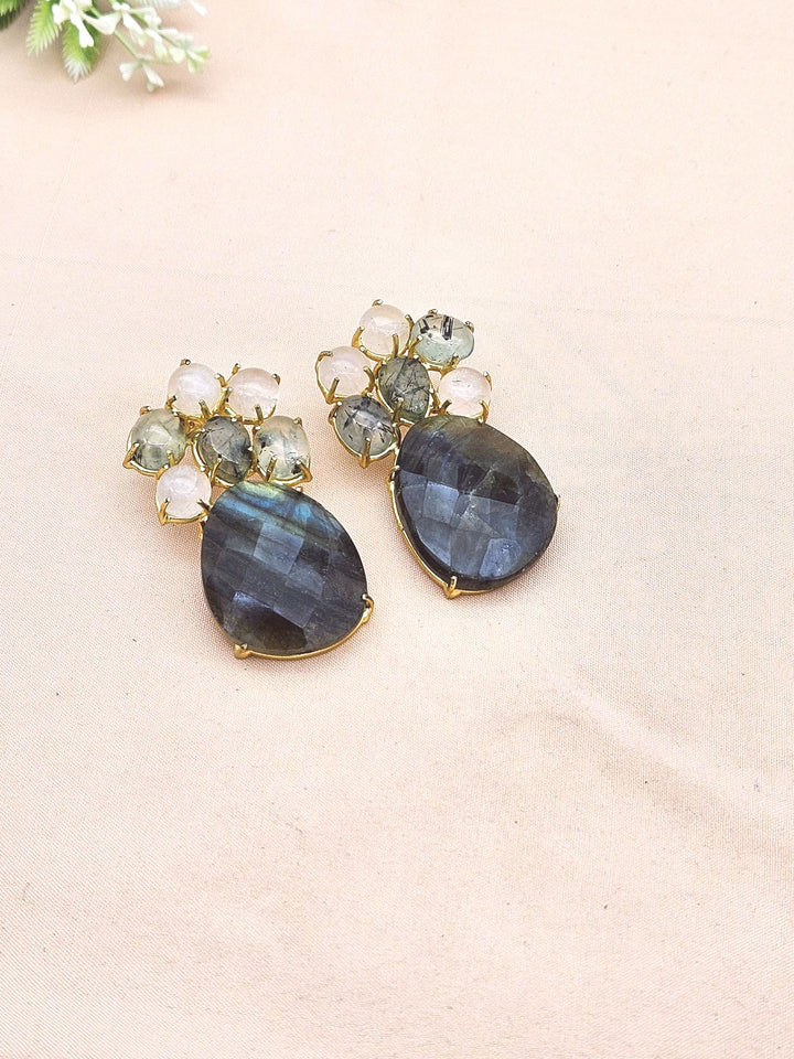 Amazing Handcrafted  Golden Labradorite Prehnite Rose Qtz Gem Stone Charming Designer Dangle Drop Earrings