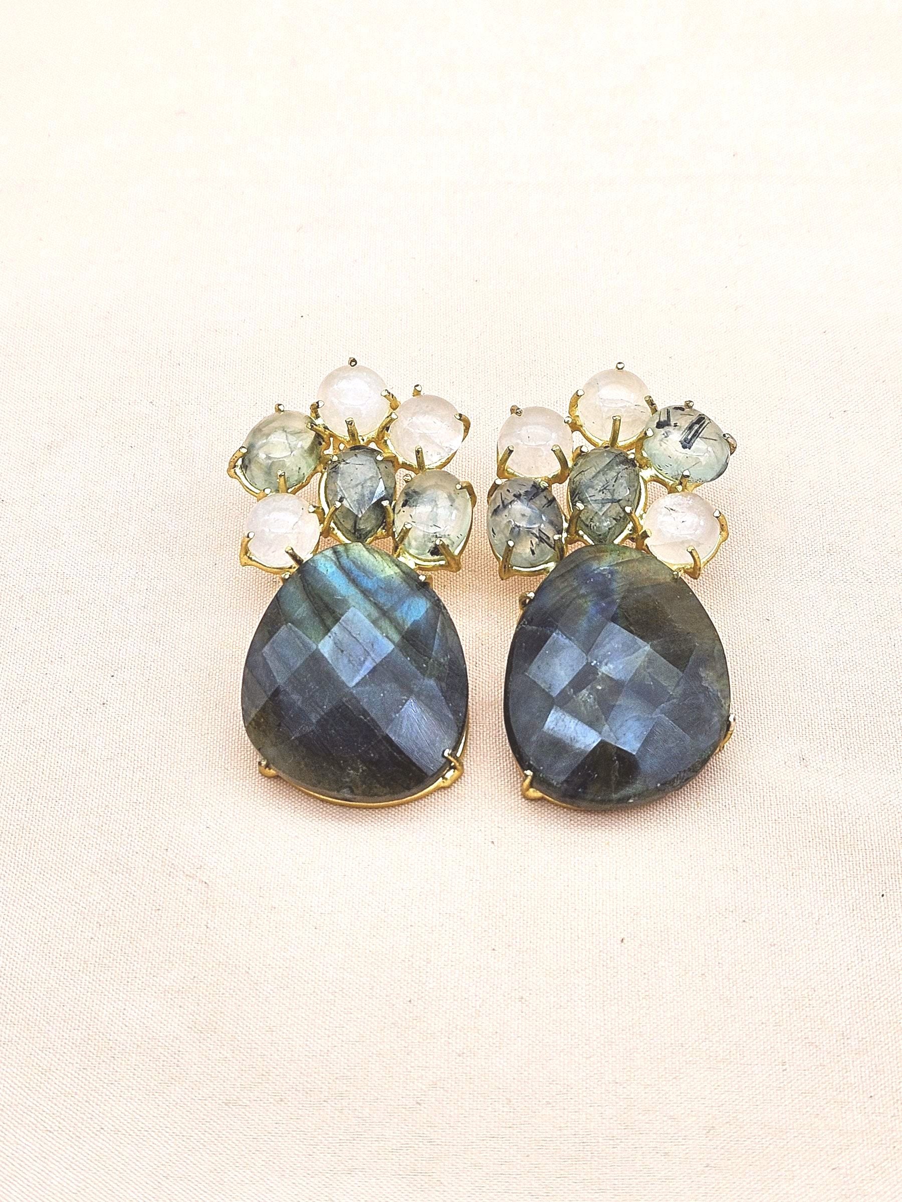Amazing Handcrafted  Golden Labradorite Prehnite Rose Qtz Gem Stone Charming Designer Dangle Drop Earrings