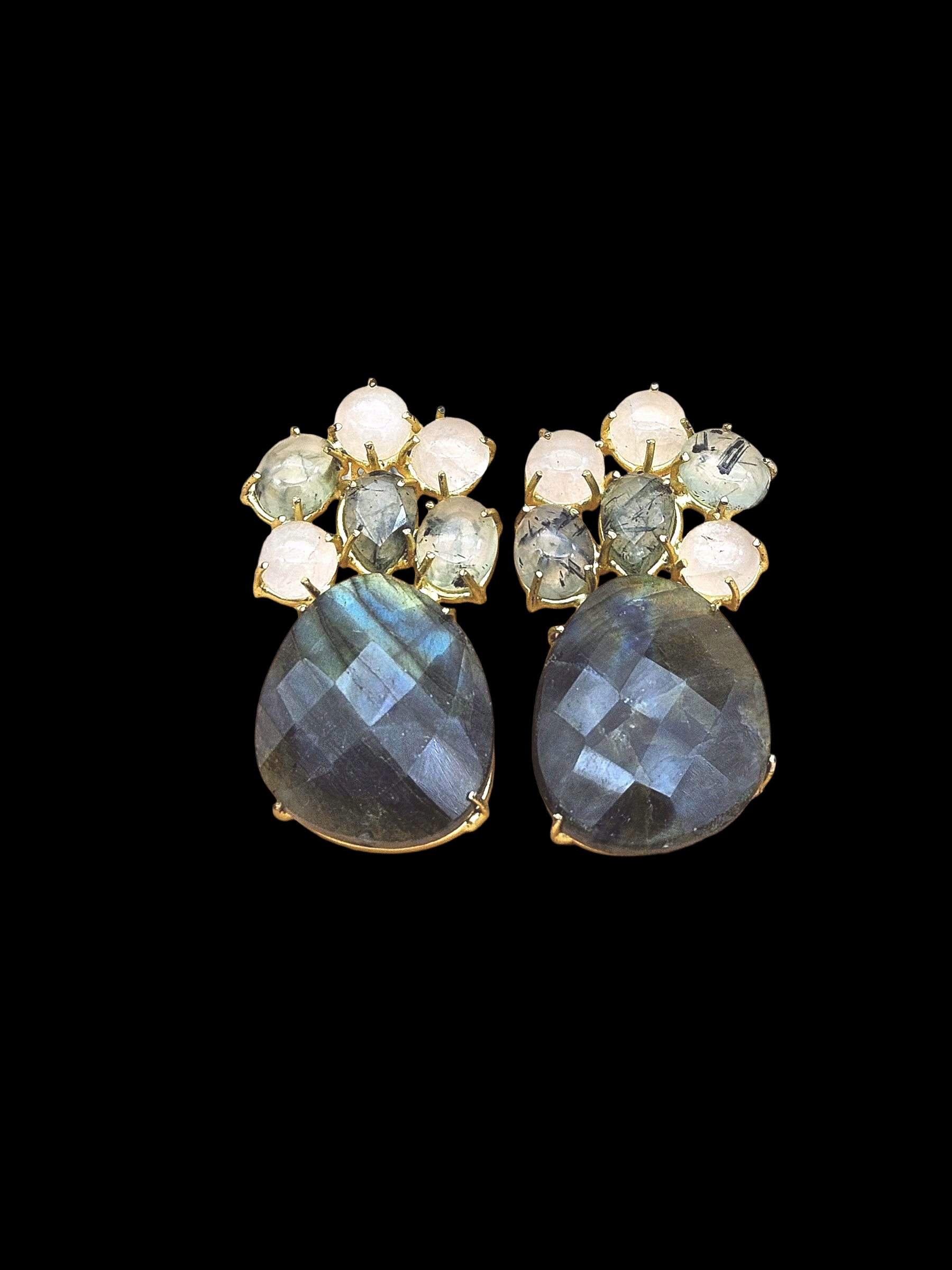 Amazing Handcrafted  Golden Labradorite Prehnite Rose Qtz Gem Stone Charming Designer Dangle Drop Earrings