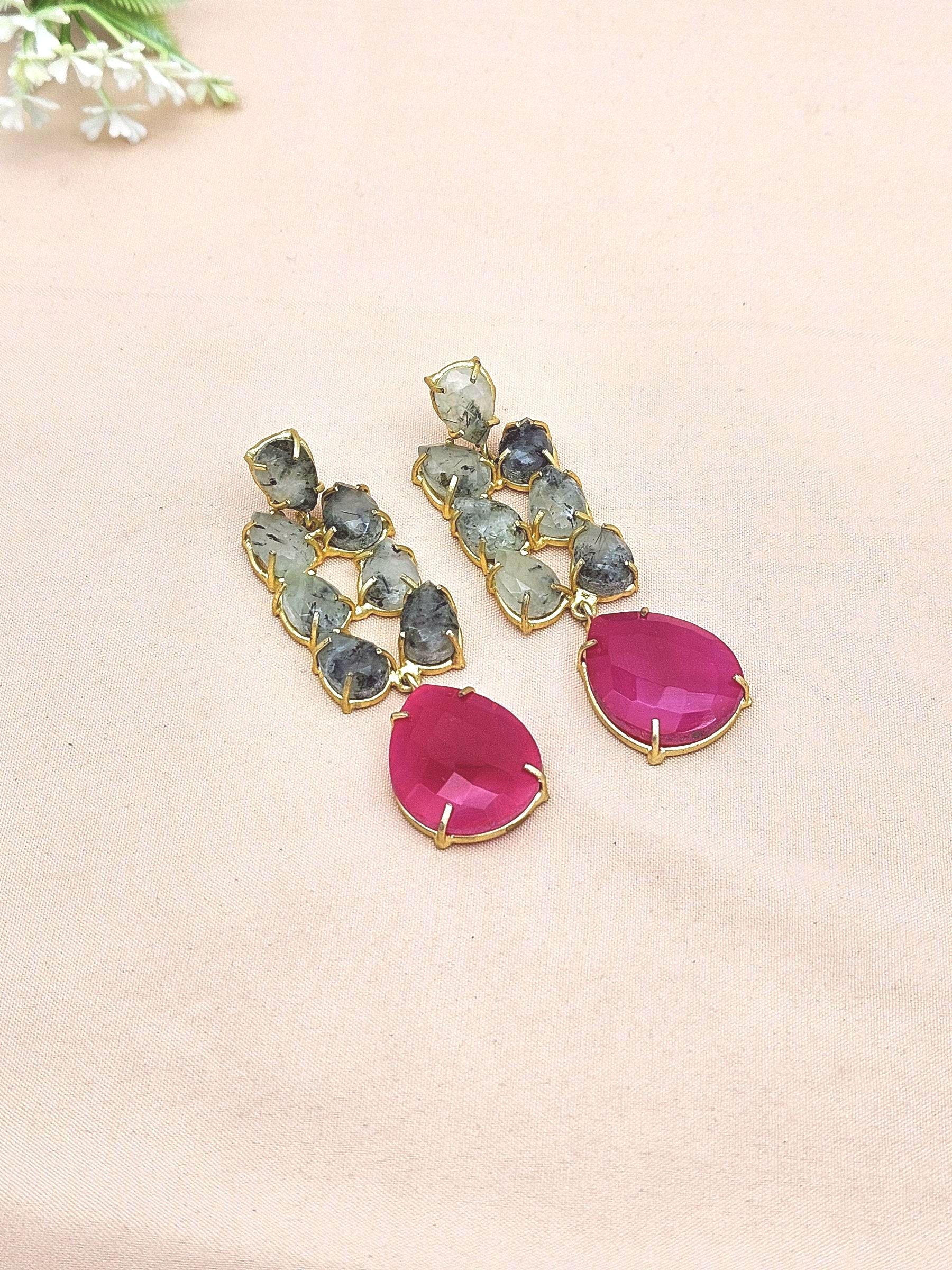Gorgeous Handcrafted  Golden Prehnite-Magenta Onyx Gem Stone Charming Designer Dangle Drop Earrings
