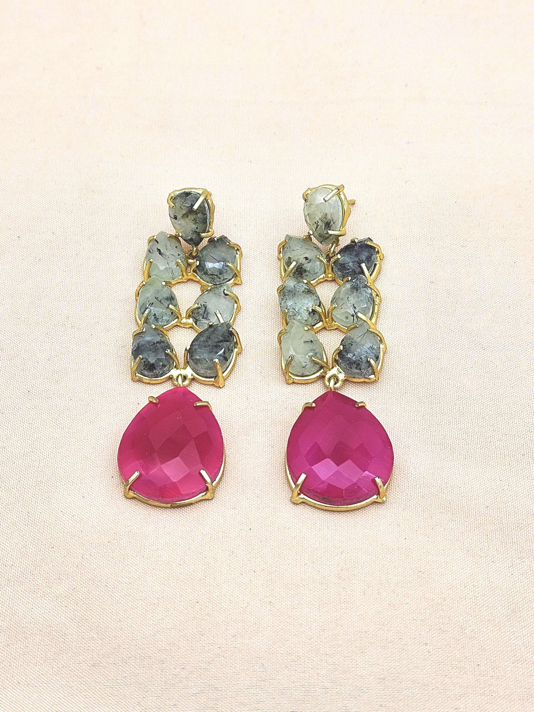 Gorgeous Handcrafted  Golden Prehnite-Magenta Onyx Gem Stone Charming Designer Dangle Drop Earrings