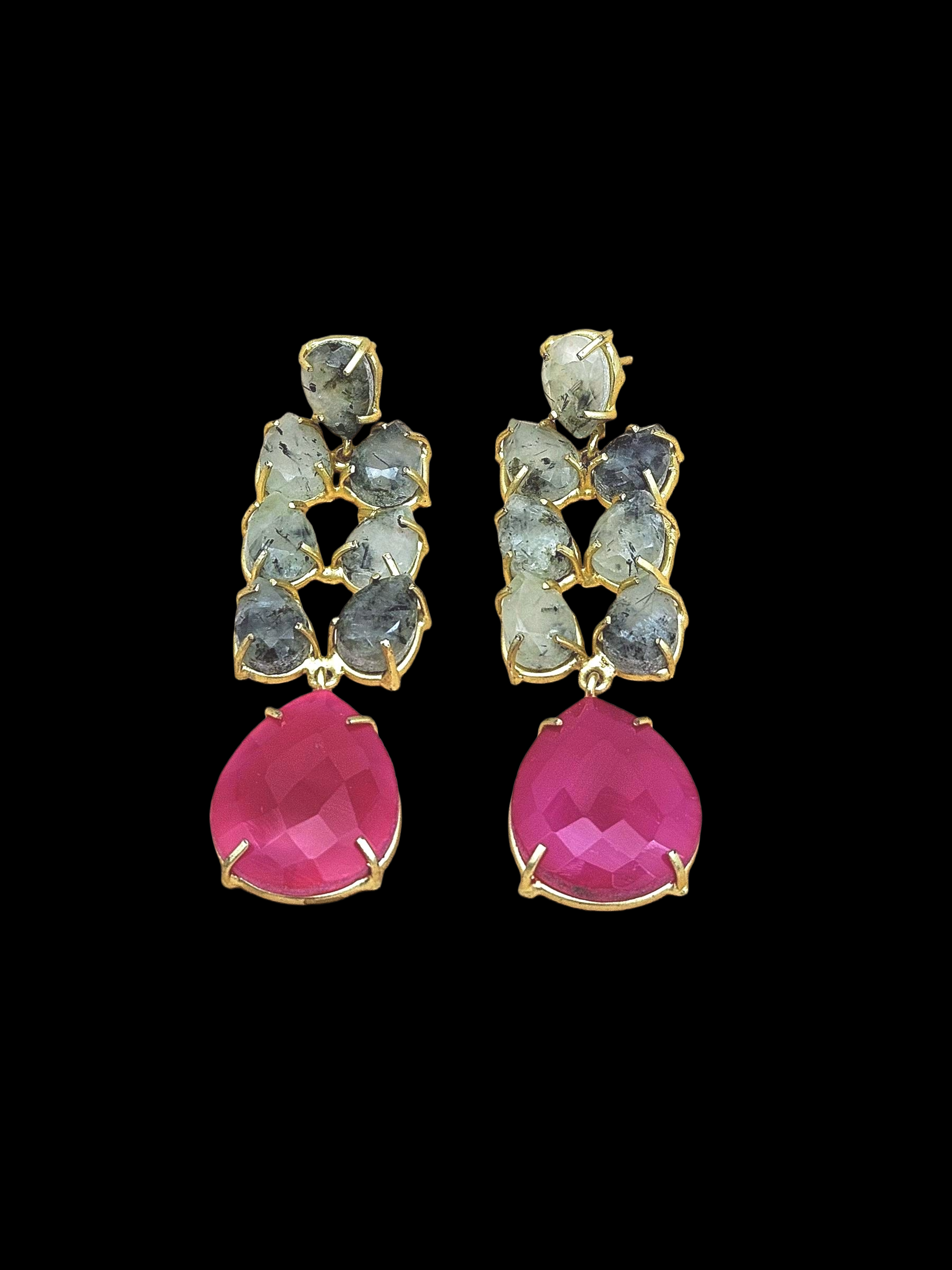 Gorgeous Handcrafted  Golden Prehnite-Magenta Onyx Gem Stone Charming Designer Dangle Drop Earrings
