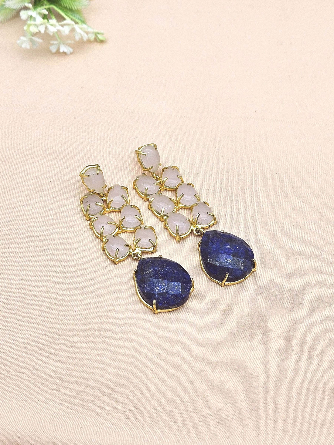 Gorgeous Handcrafted  Golden Rose Quartz-Lapis Gem Stone Charming Designer Dangle Drop Earrings