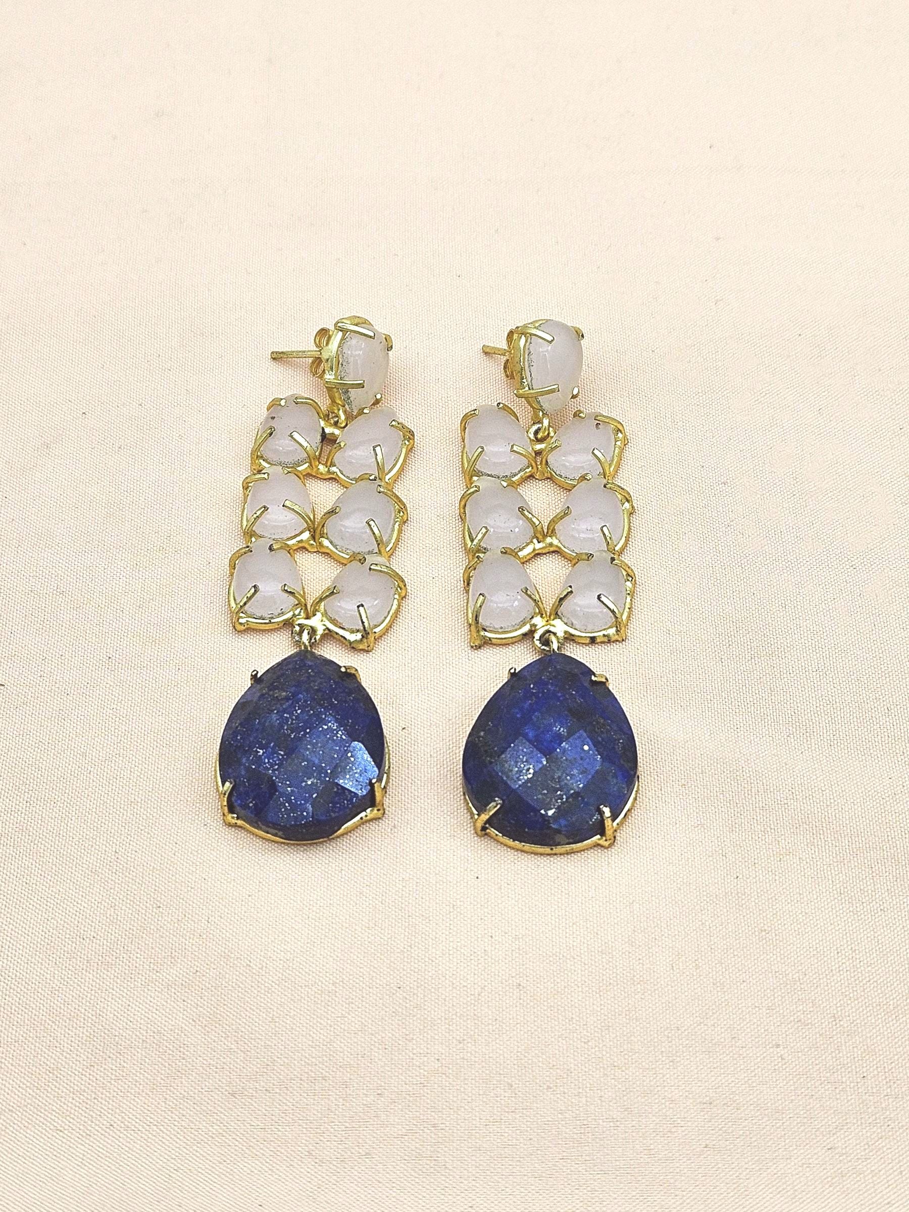 Gorgeous Handcrafted  Golden Rose Quartz-Lapis Gem Stone Charming Designer Dangle Drop Earrings