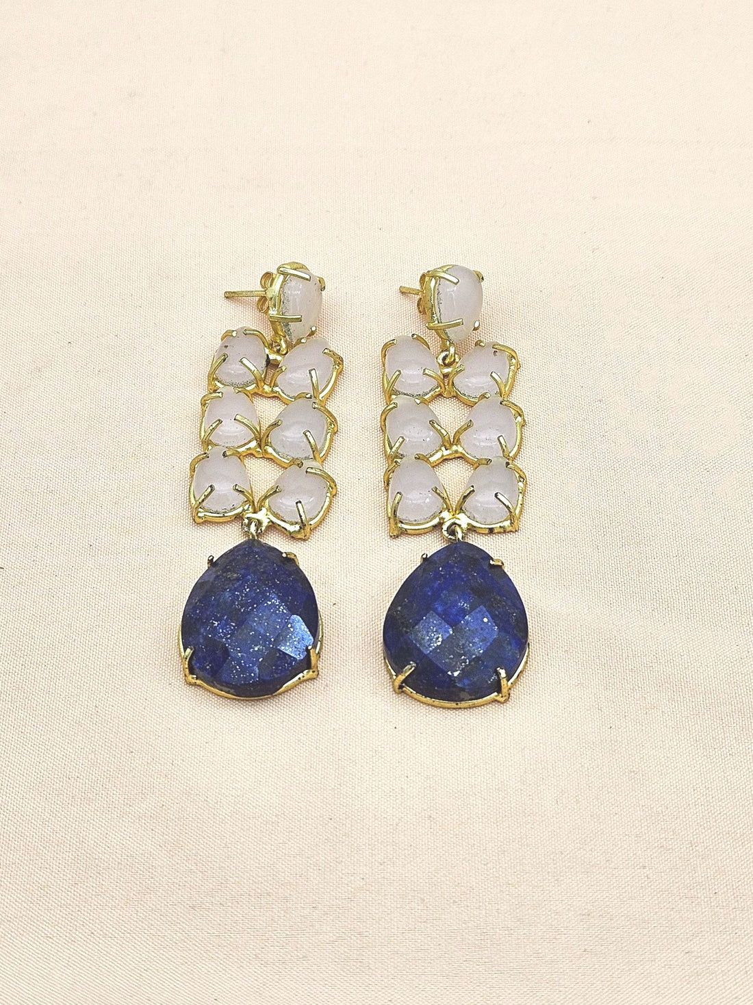 Gorgeous Handcrafted  Golden Rose Quartz-Lapis Gem Stone Charming Designer Dangle Drop Earrings