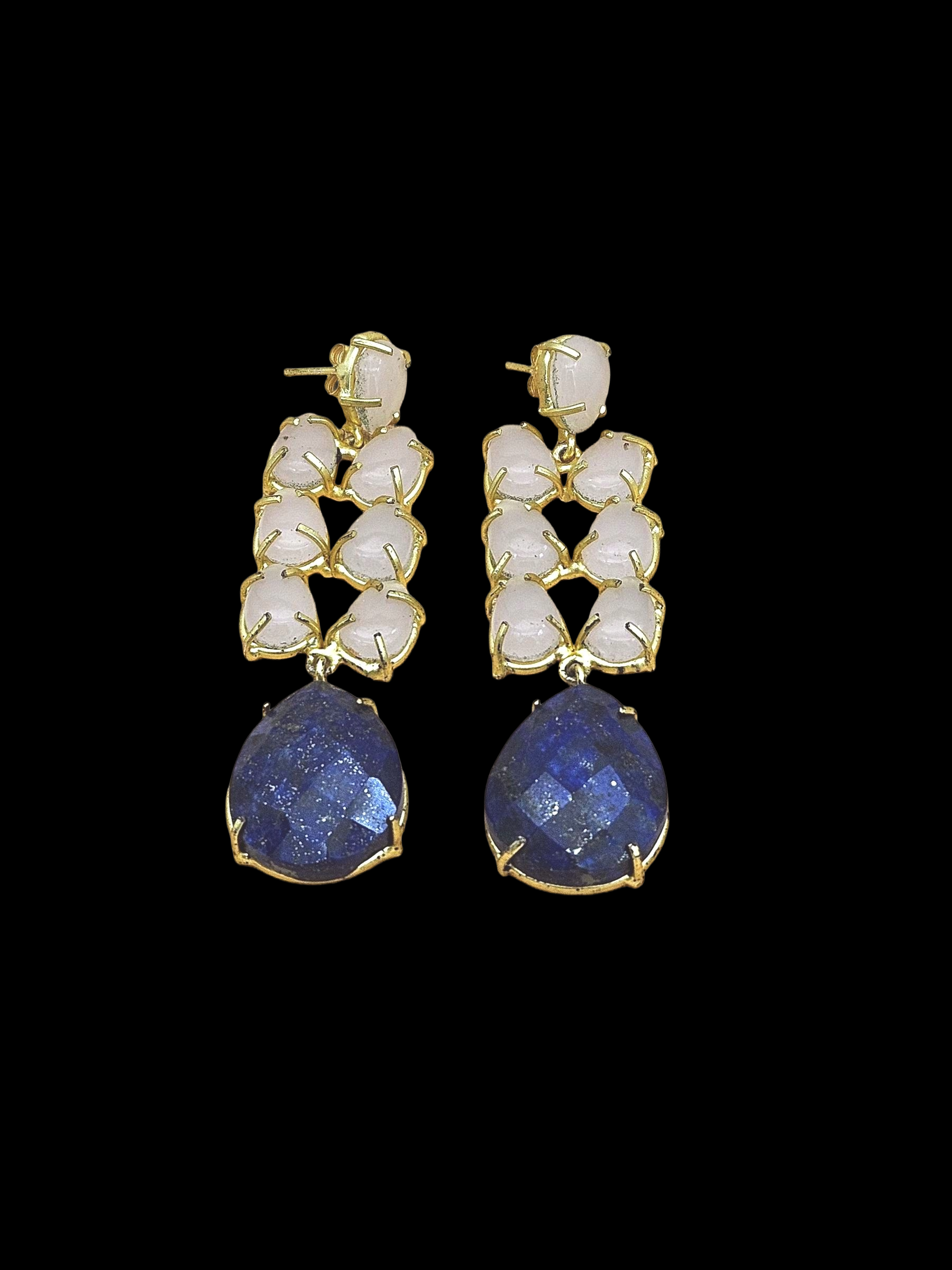 Gorgeous Handcrafted  Golden Rose Quartz-Lapis Gem Stone Charming Designer Dangle Drop Earrings