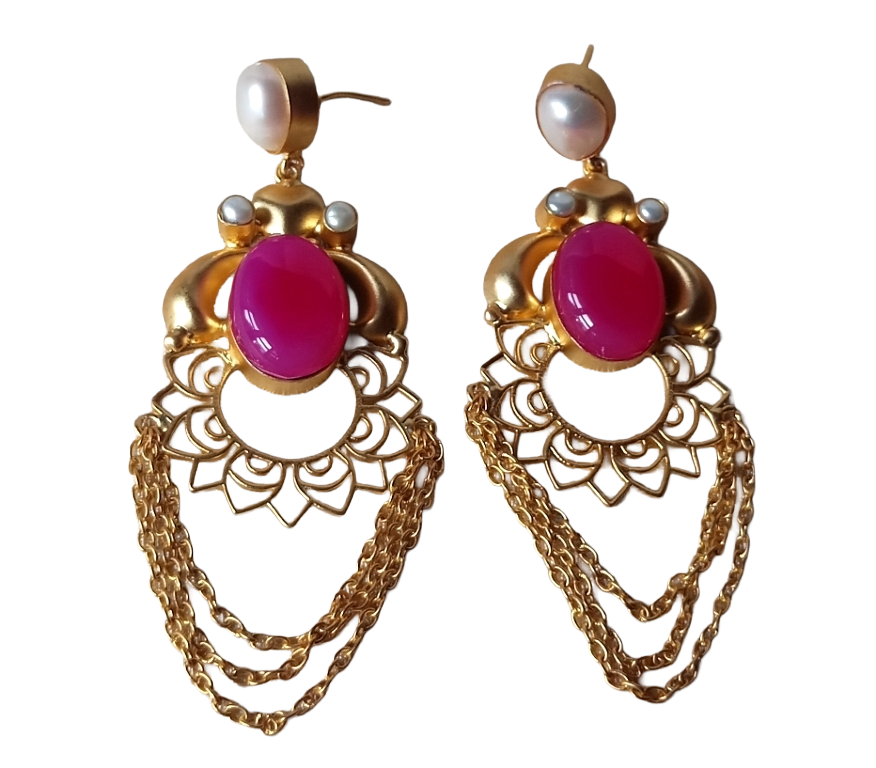 Gorgeous Gold plated Magenta Onyx-Pearl Charming Floral Designer Dangle Drop Earrings