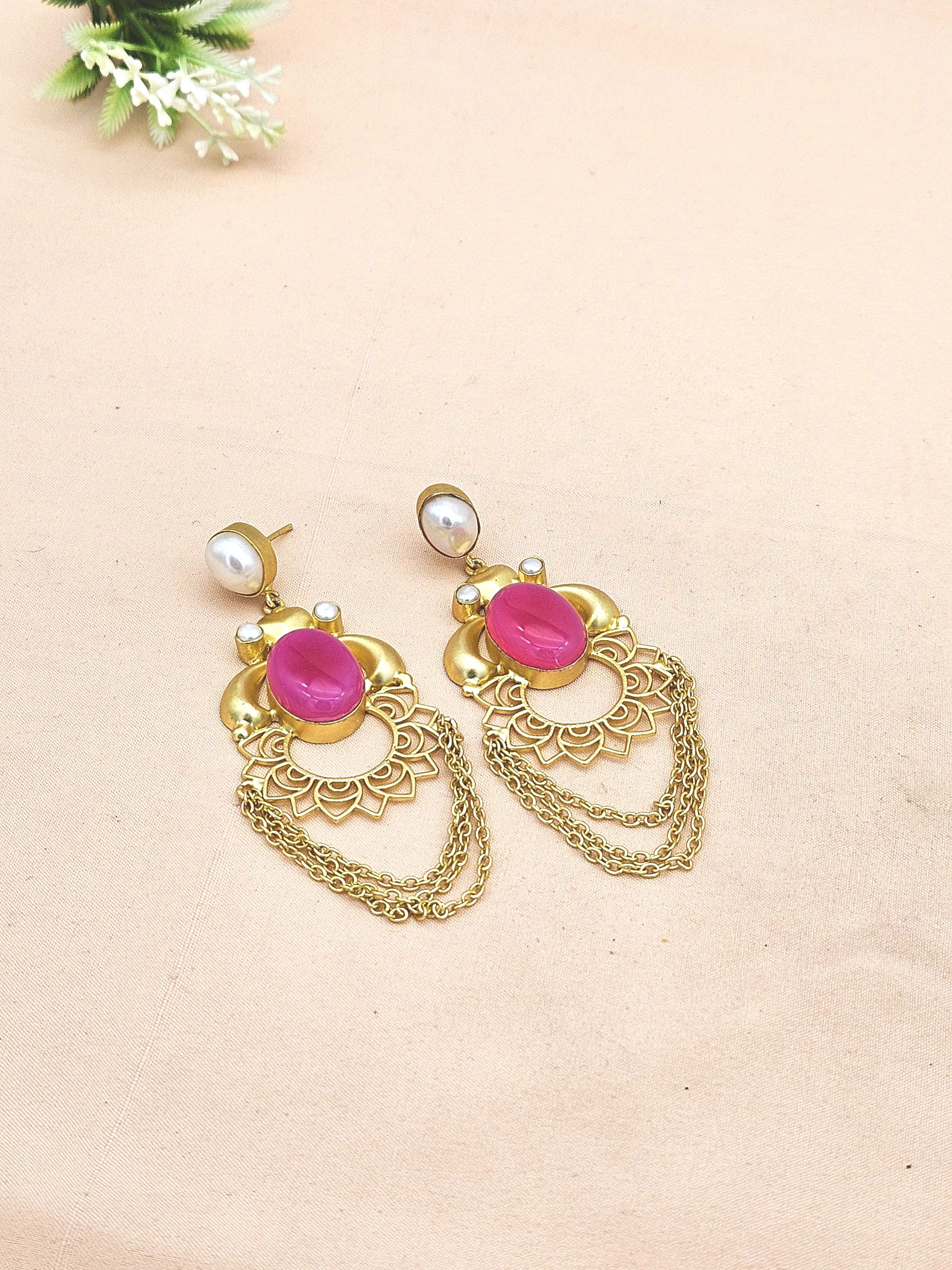 Gorgeous Gold plated Magenta Onyx-Pearl Charming Floral Designer Dangle Drop Earrings