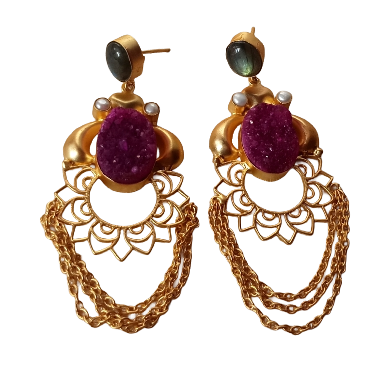 Gorgeous Gold plated Labradorite-Pearl-Druzy Charming Floral Designer Dangle Drop Earrings