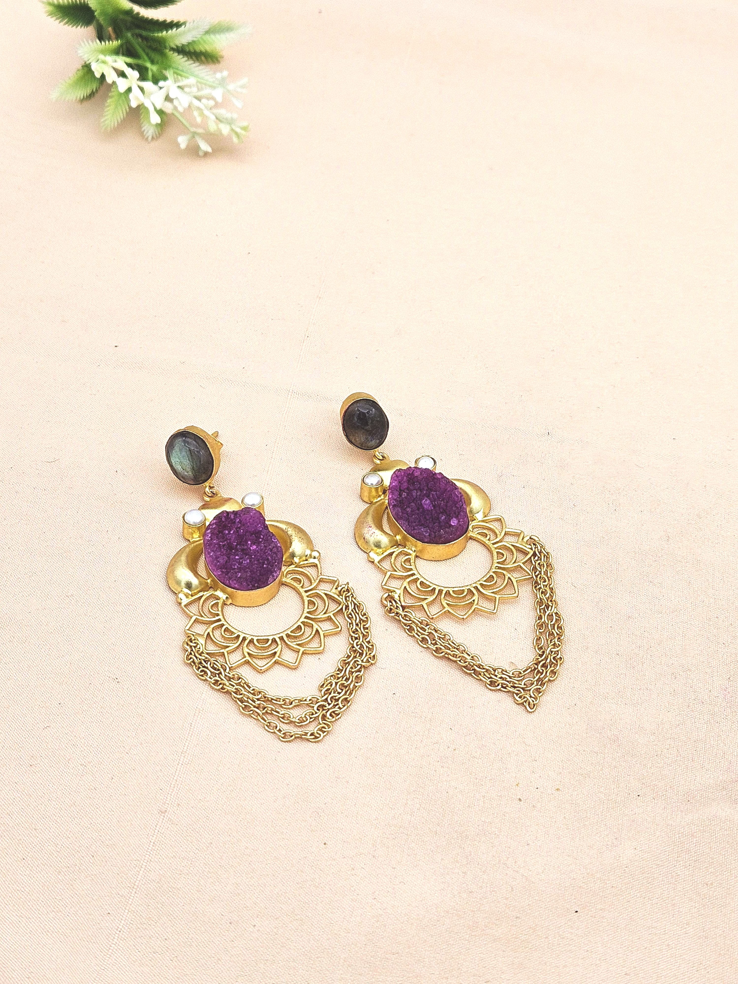 Gorgeous Gold plated Labradorite-Pearl-Druzy Charming Floral Designer Dangle Drop Earrings