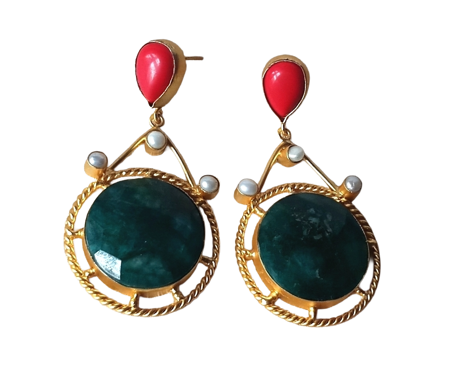 Amazing Gold plated Green Ropara-Coral-Pearl charming Designer Dangle Drop Earrings