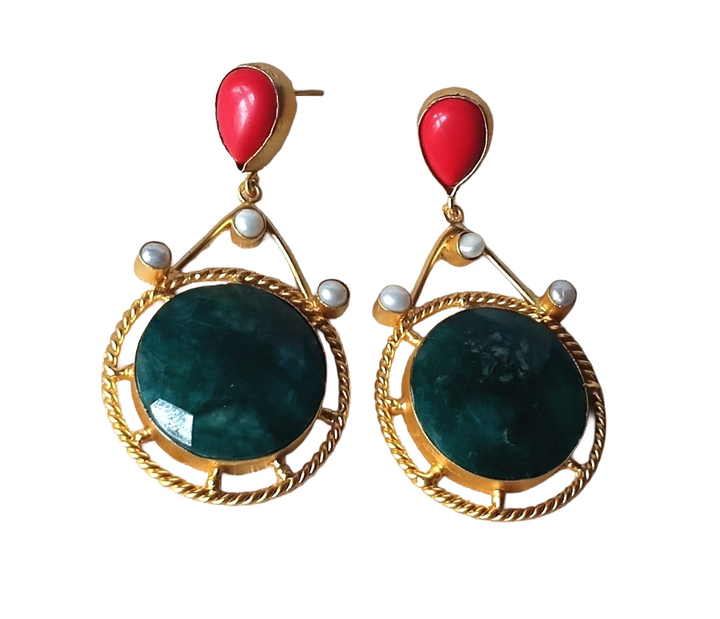 Amazing Gold plated Green Ropara-Coral-Pearl charming Designer Dangle Drop Earrings