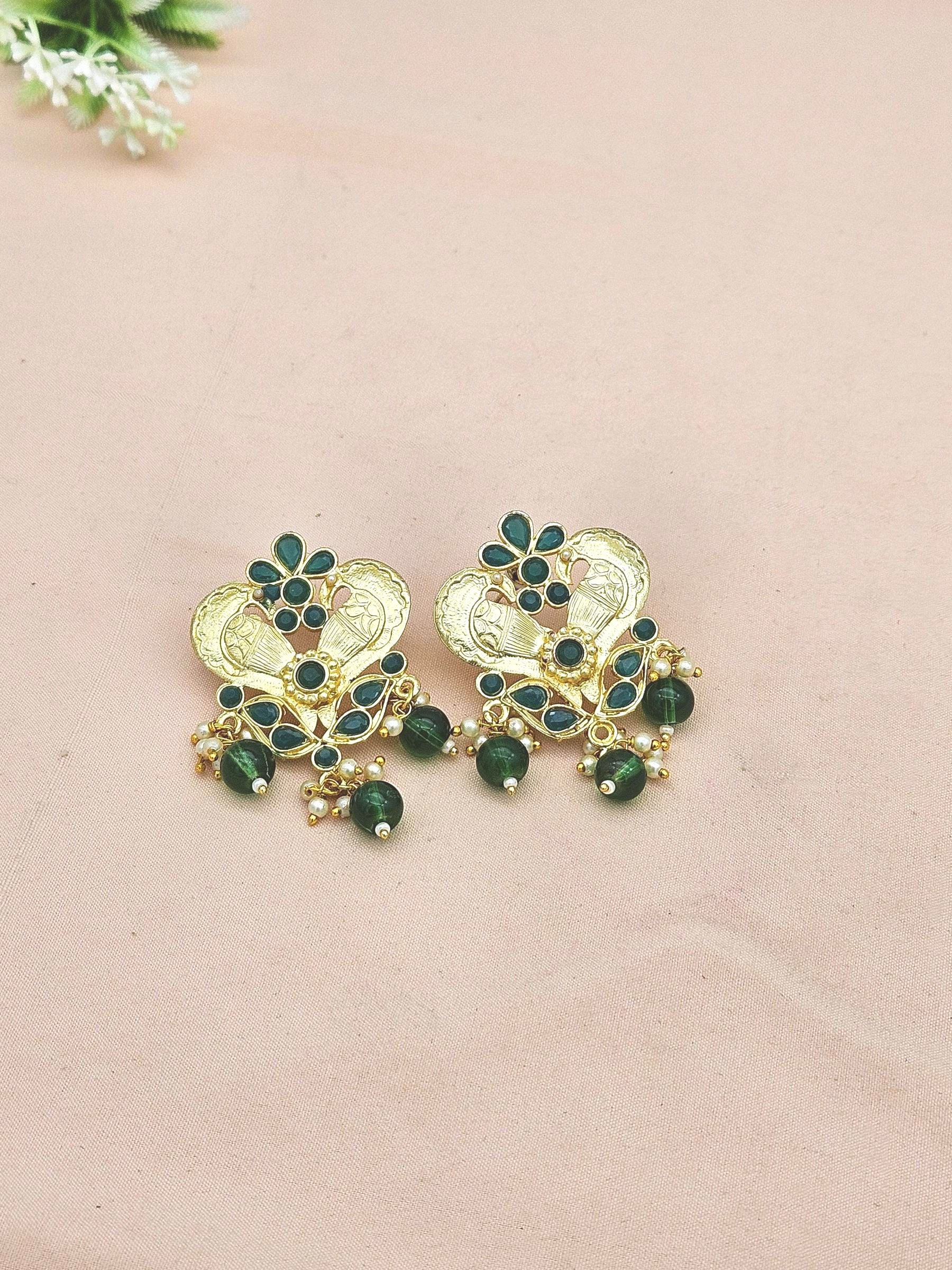 Amazing Gold plated Green Glass - Pearl Stone Charming Designer Dangle Drop Earrings