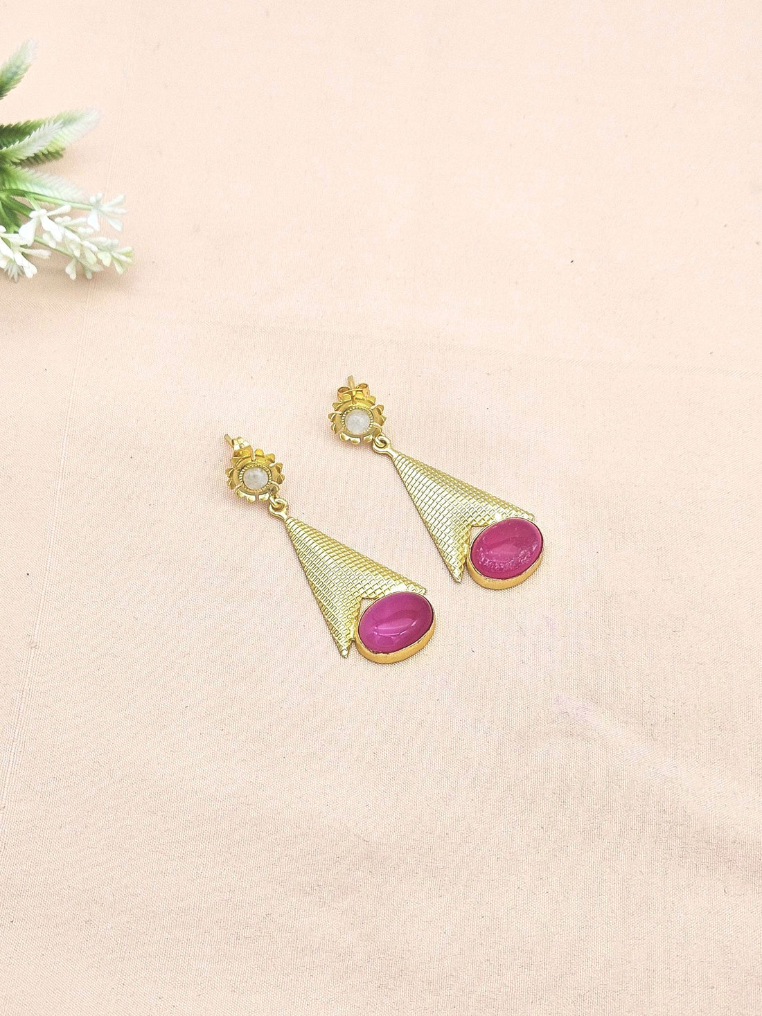 Awesome Gold plated Magenta Onyx-White Rainbow Stone Cute Designer Dangle Drop Earrings