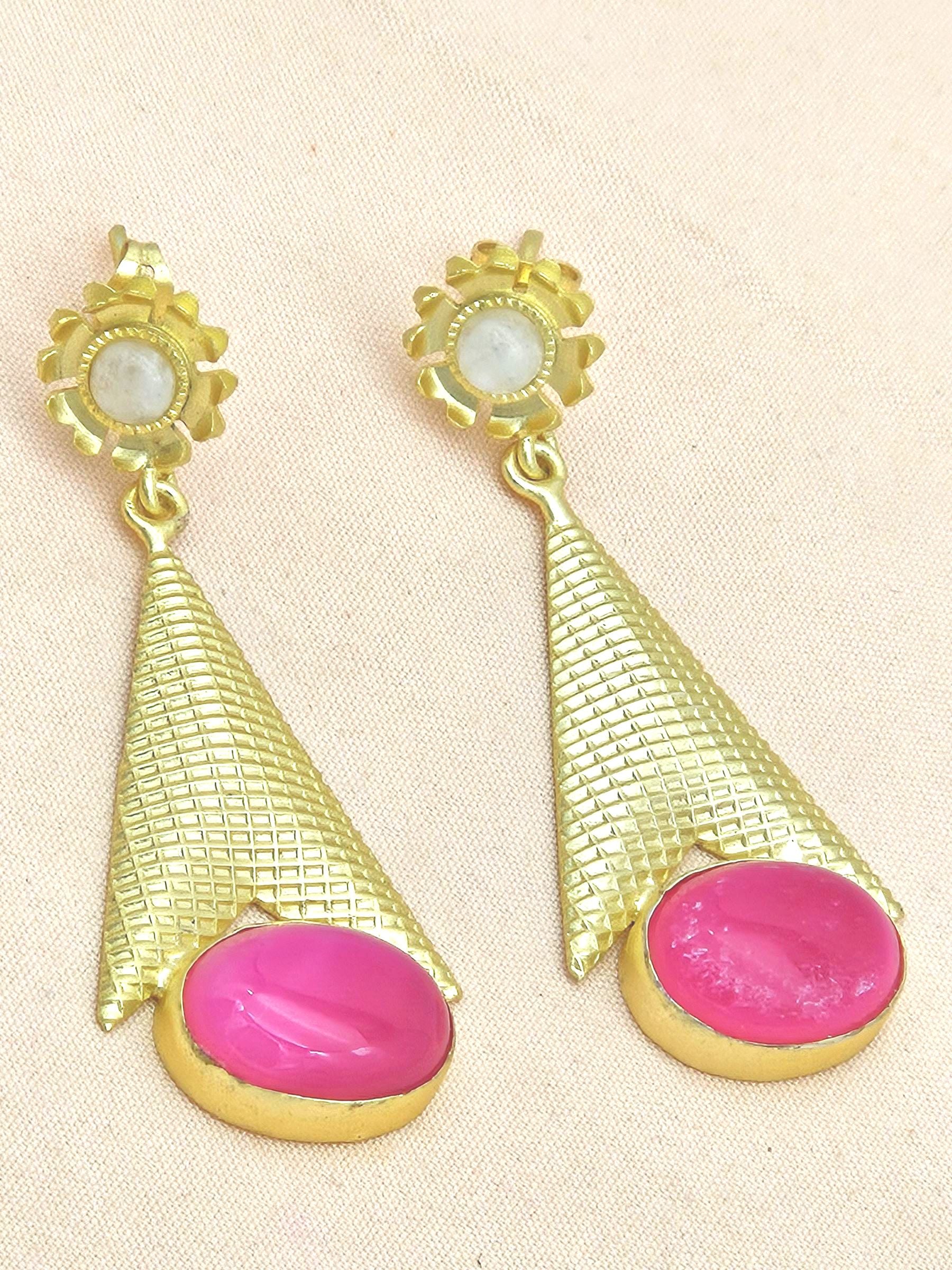 Awesome Gold plated Magenta Onyx-White Rainbow Stone Cute Designer Dangle Drop Earrings