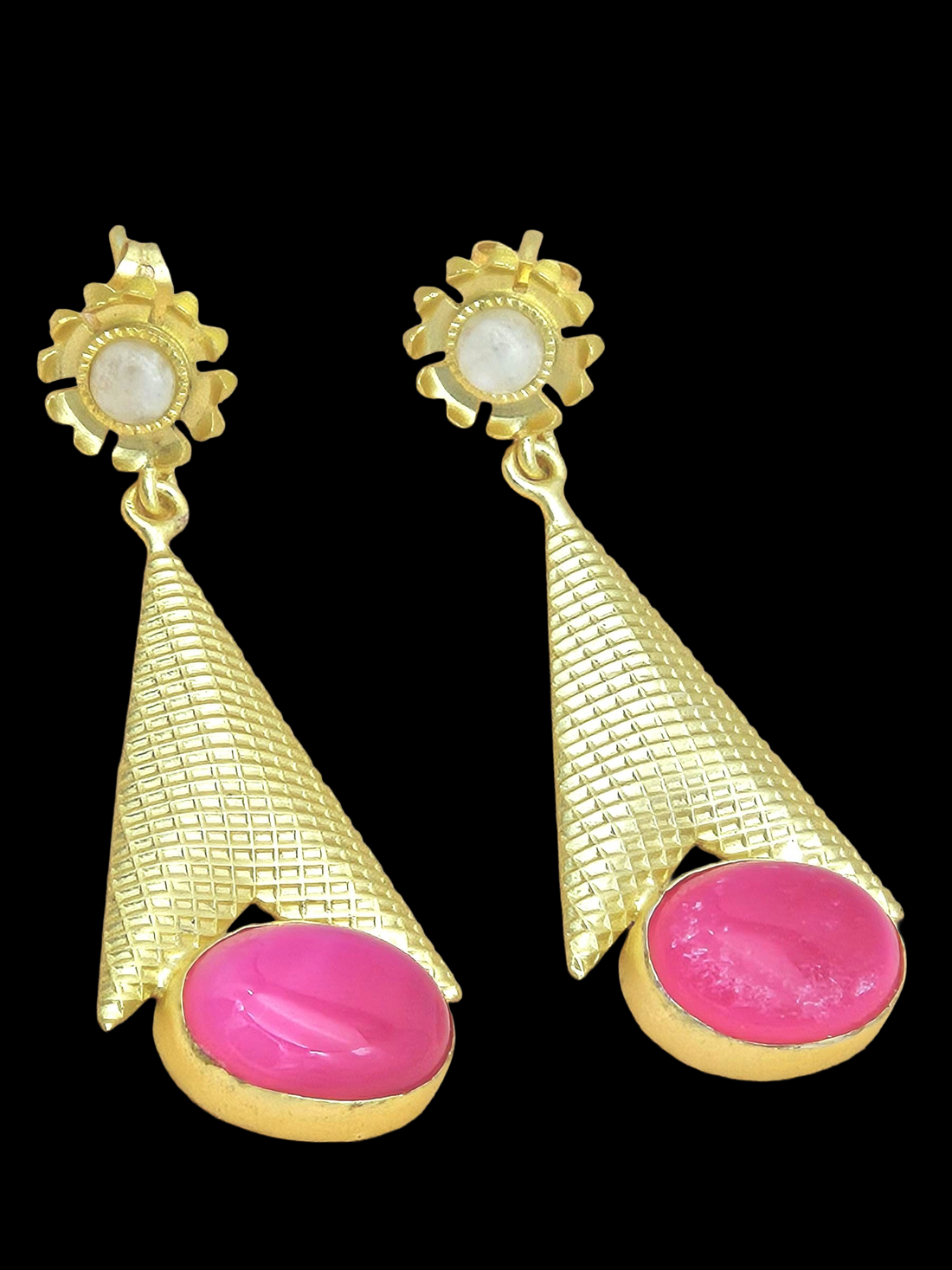 Awesome Gold plated Magenta Onyx-White Rainbow Stone Cute Designer Dangle Drop Earrings