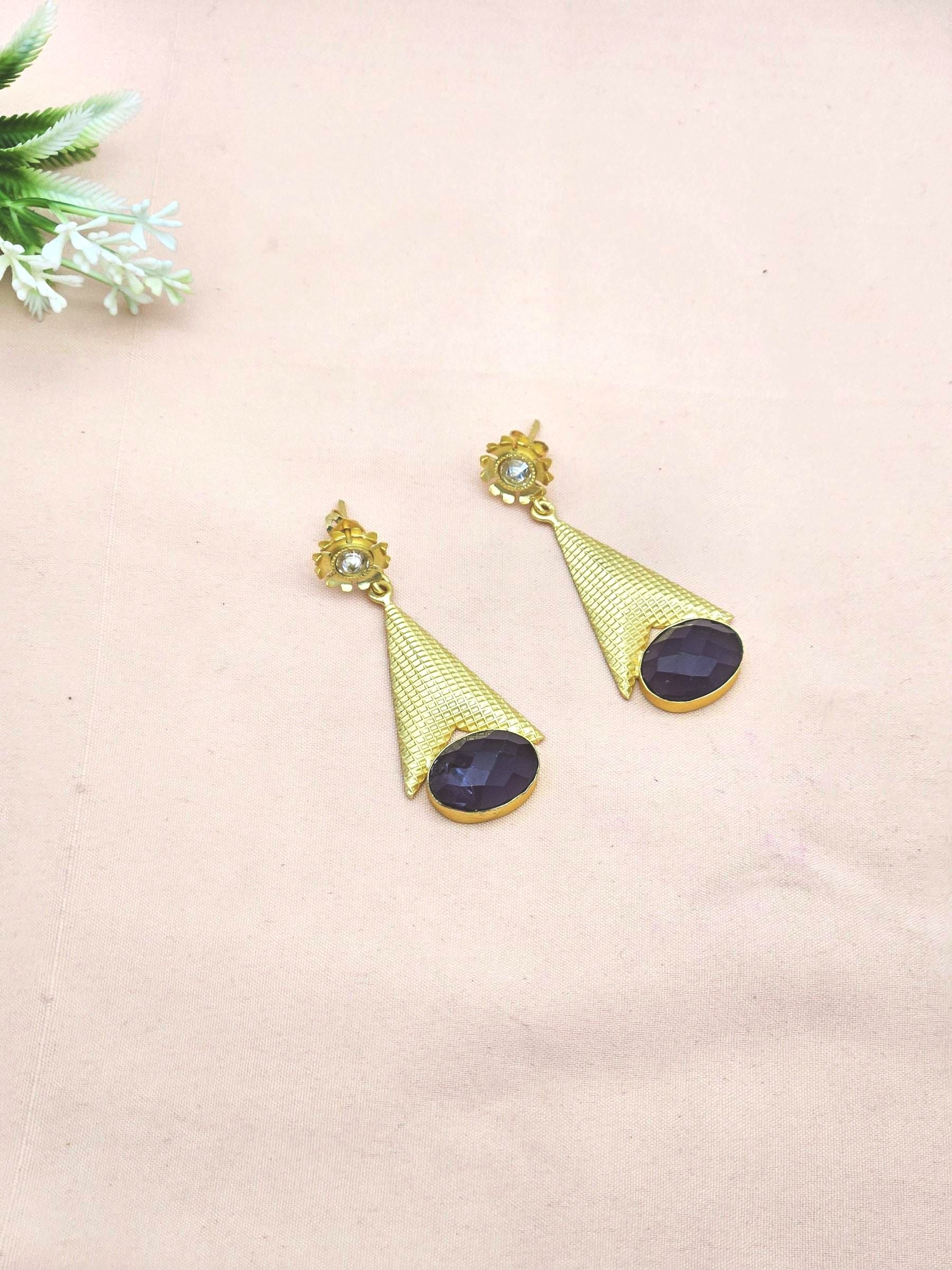 Awesome Gold plated Amethyst-Crystal Stone Cute Designer Dangle Drop Earrings