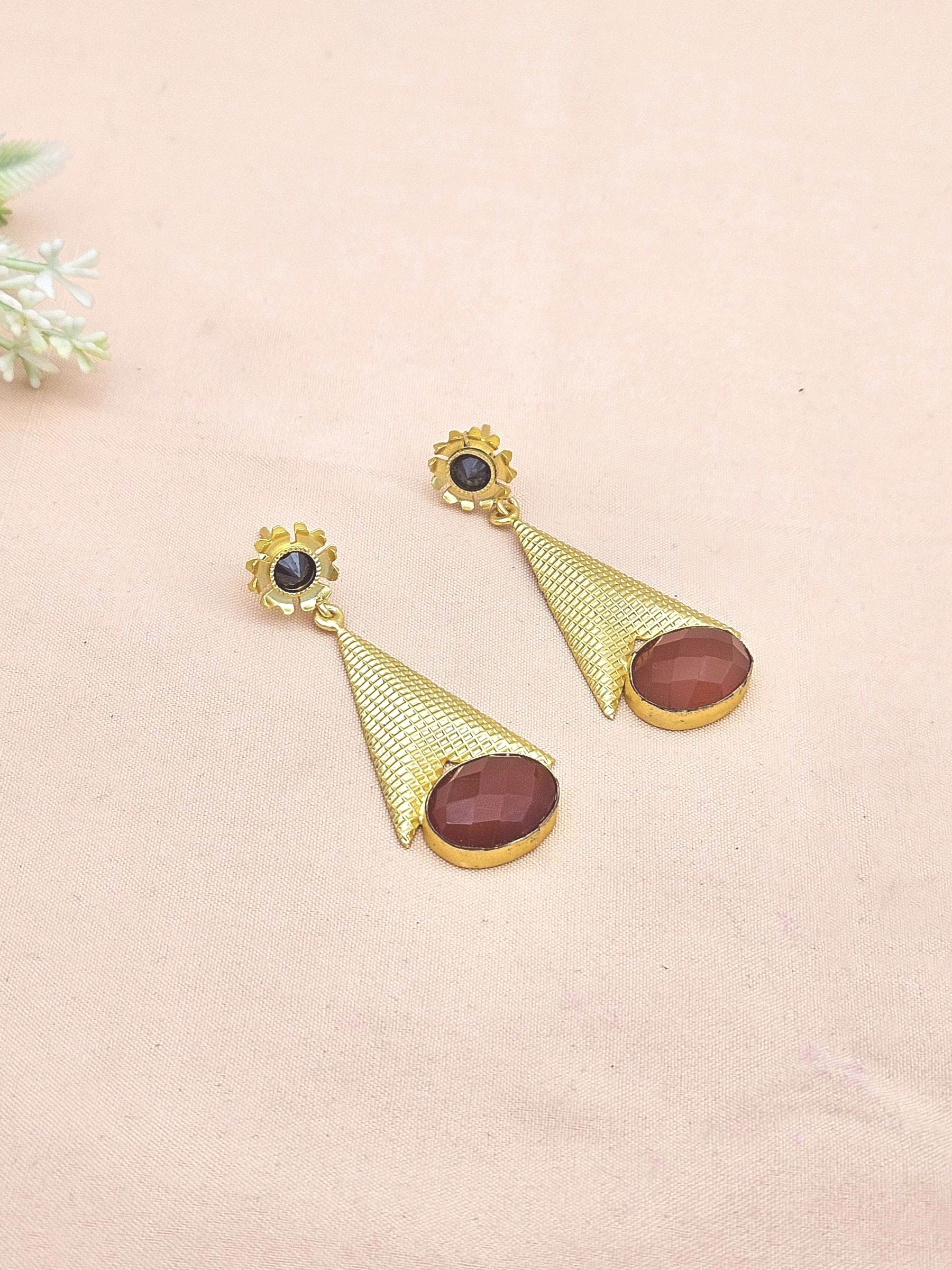 Awesome Gold plated Red Onyx-Crystal Stone Cute Designer Dangle Drop Earrings