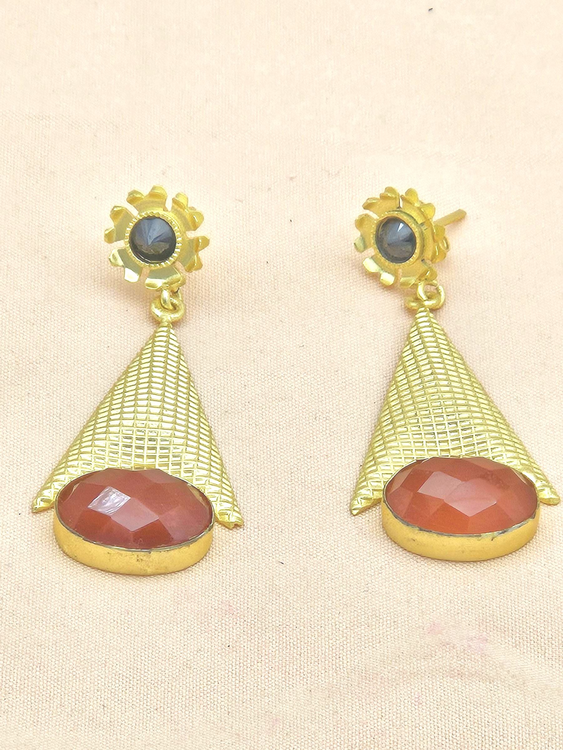 Awesome Gold plated Red Onyx-Crystal Stone Cute Designer Dangle Drop Earrings