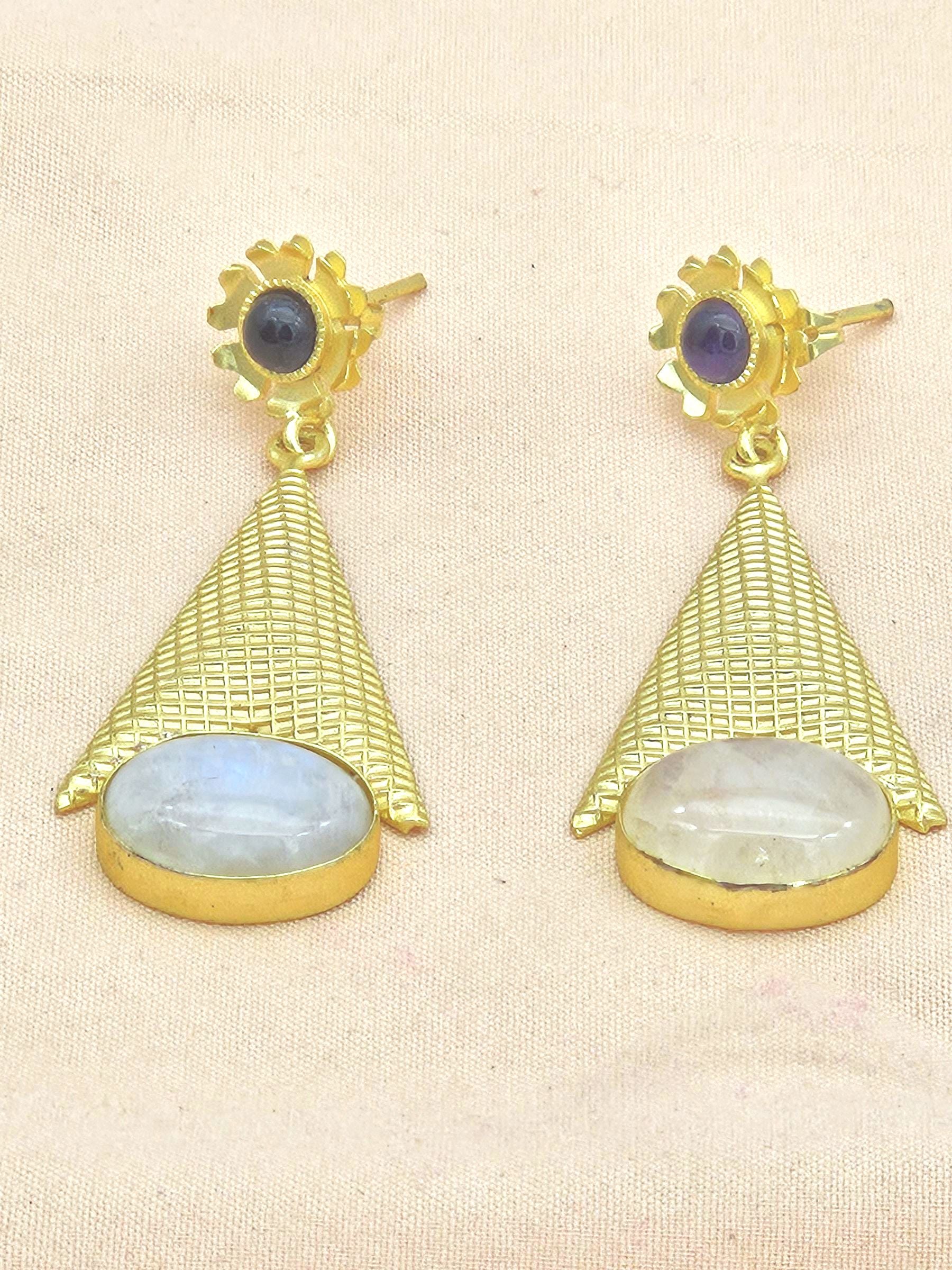 Awesome Gold plated White Rainbow-Amethyst Stone Cute Designer Dangle Drop Earrings