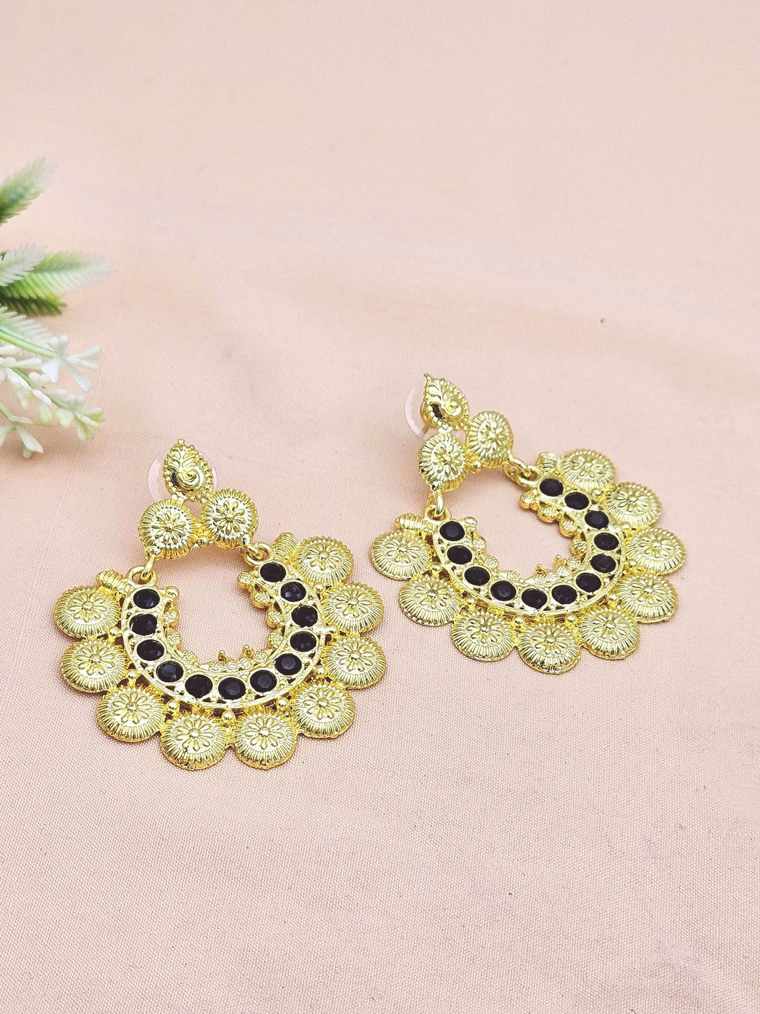 Beautiful Gold plated Black Glass Stone Designer Dangle Drop Earrings