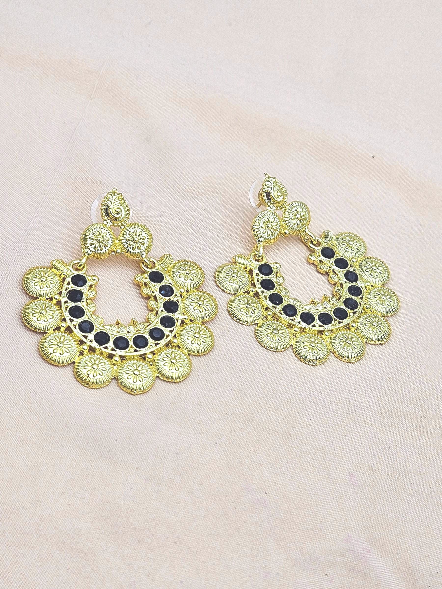 Beautiful Gold plated Black Glass Stone Designer Dangle Drop Earrings