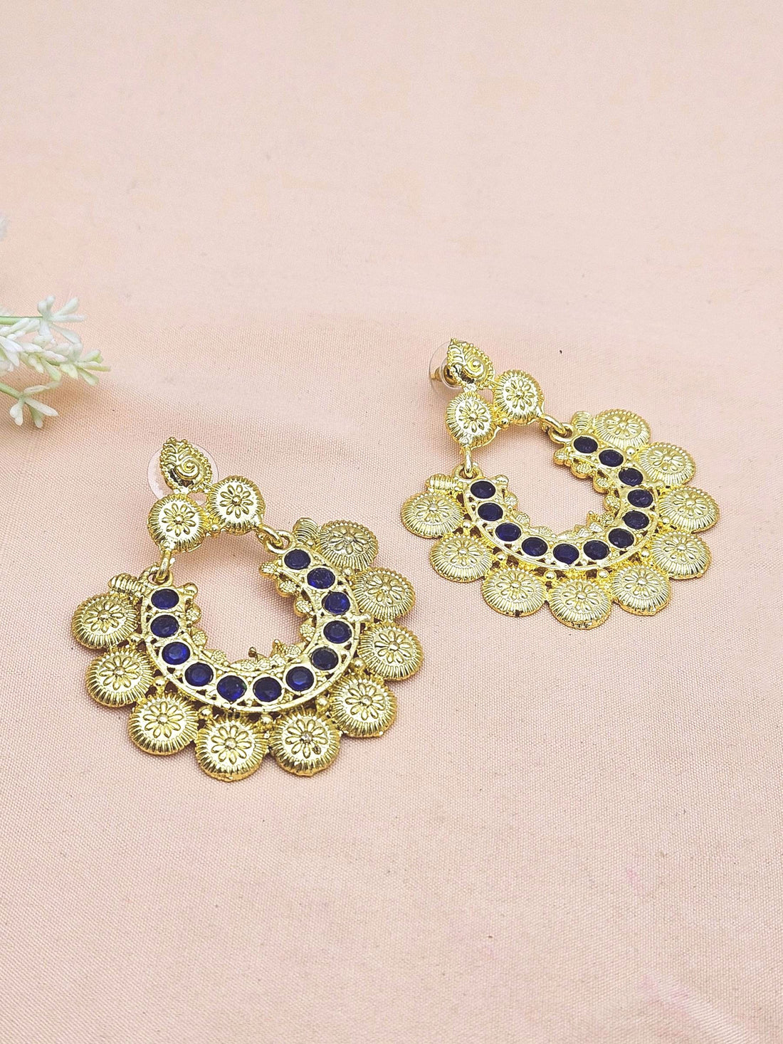 Beautiful Gold plated Blue Glass Stone Designer Dangle Drop Earrings