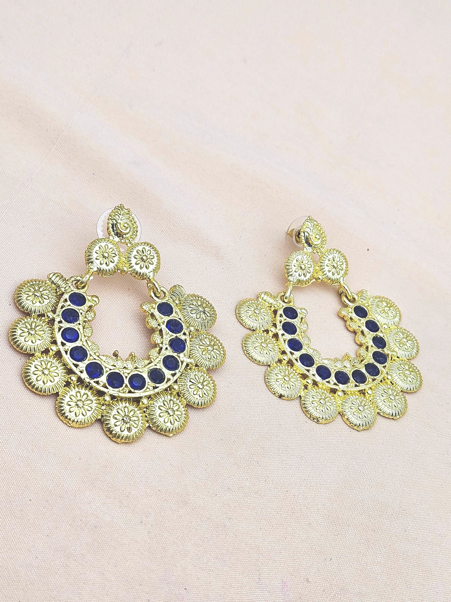 Beautiful Gold plated Blue Glass Stone Designer Dangle Drop Earrings
