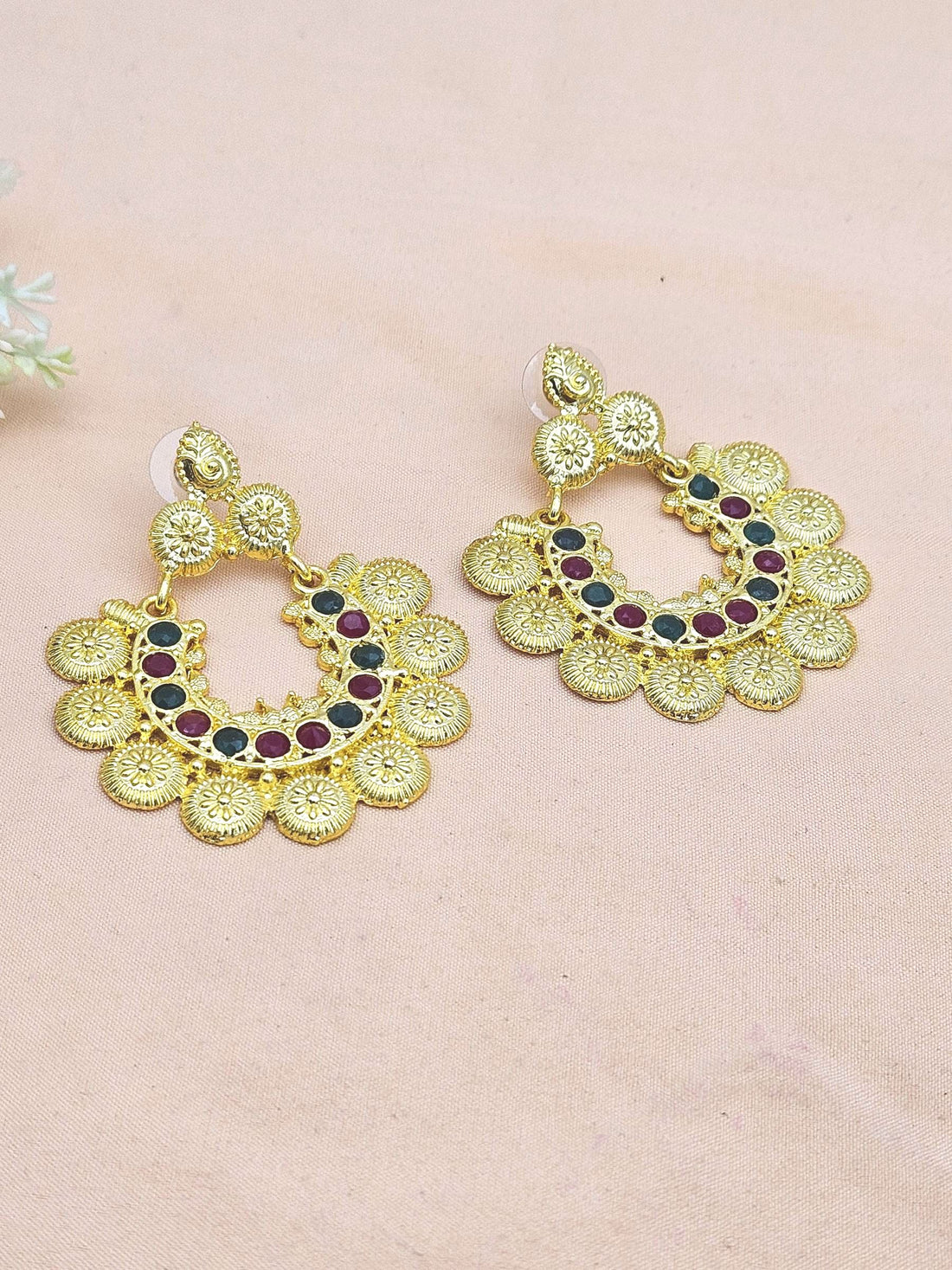 Beautiful Gold plated Red & Green Glass Stone Designer Dangle Drop Earrings