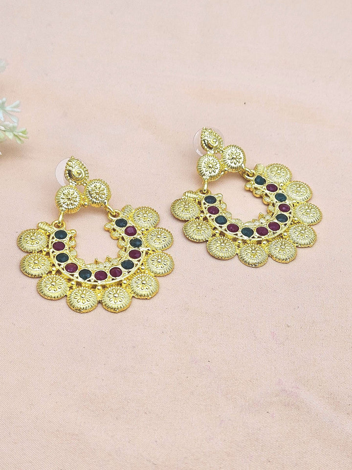 Beautiful Gold plated Red & Green Glass Stone Designer Dangle Drop Earrings